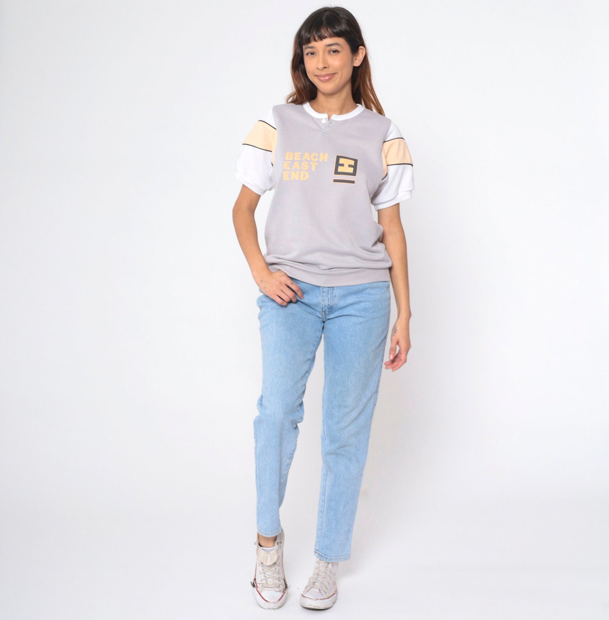 90s Beach East End Graphic Henley Shirt Grey Peach Striped Medium