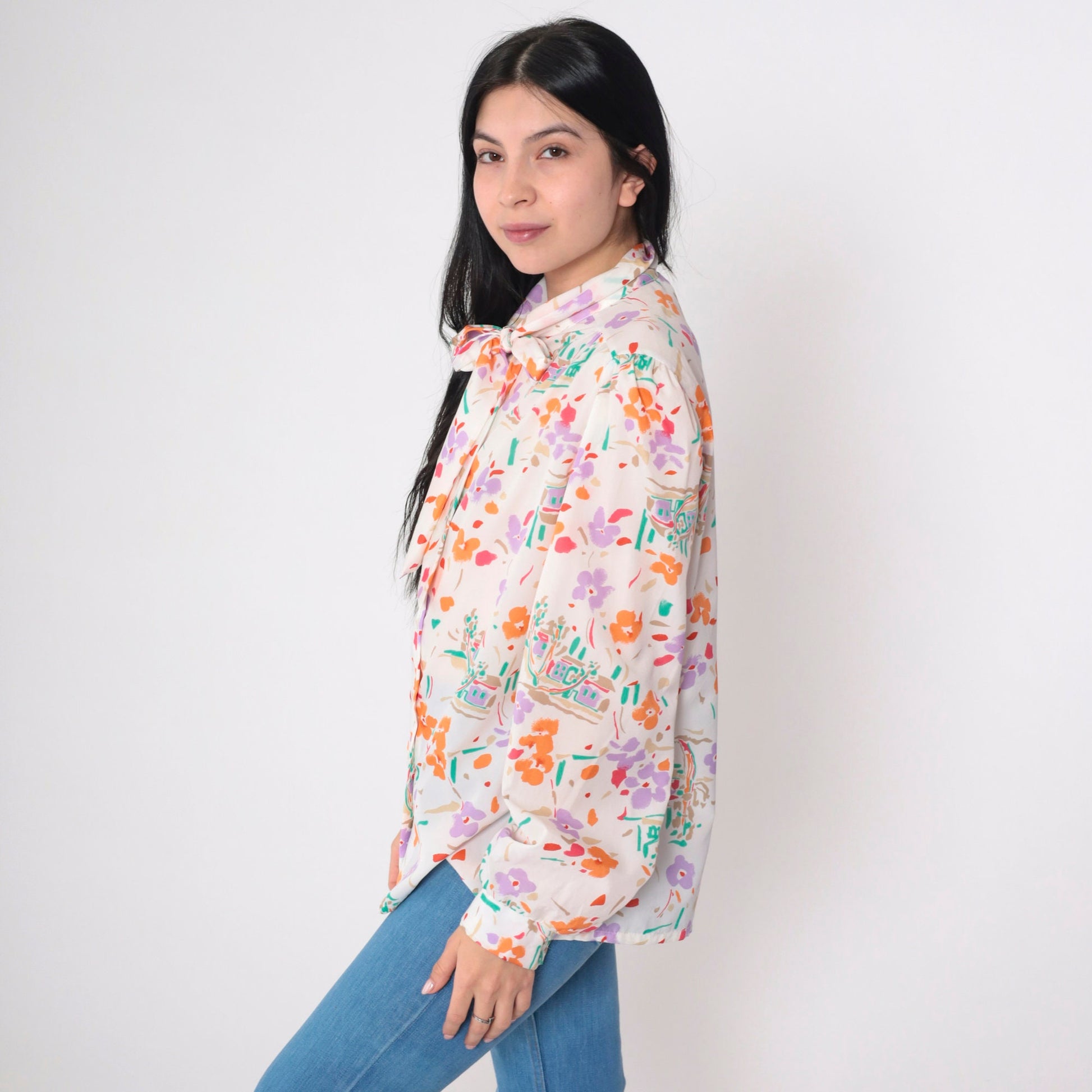 70s Floral Ascot Blouse Off-White Watercolor Print Puff Sleeve Button Up Medium Large