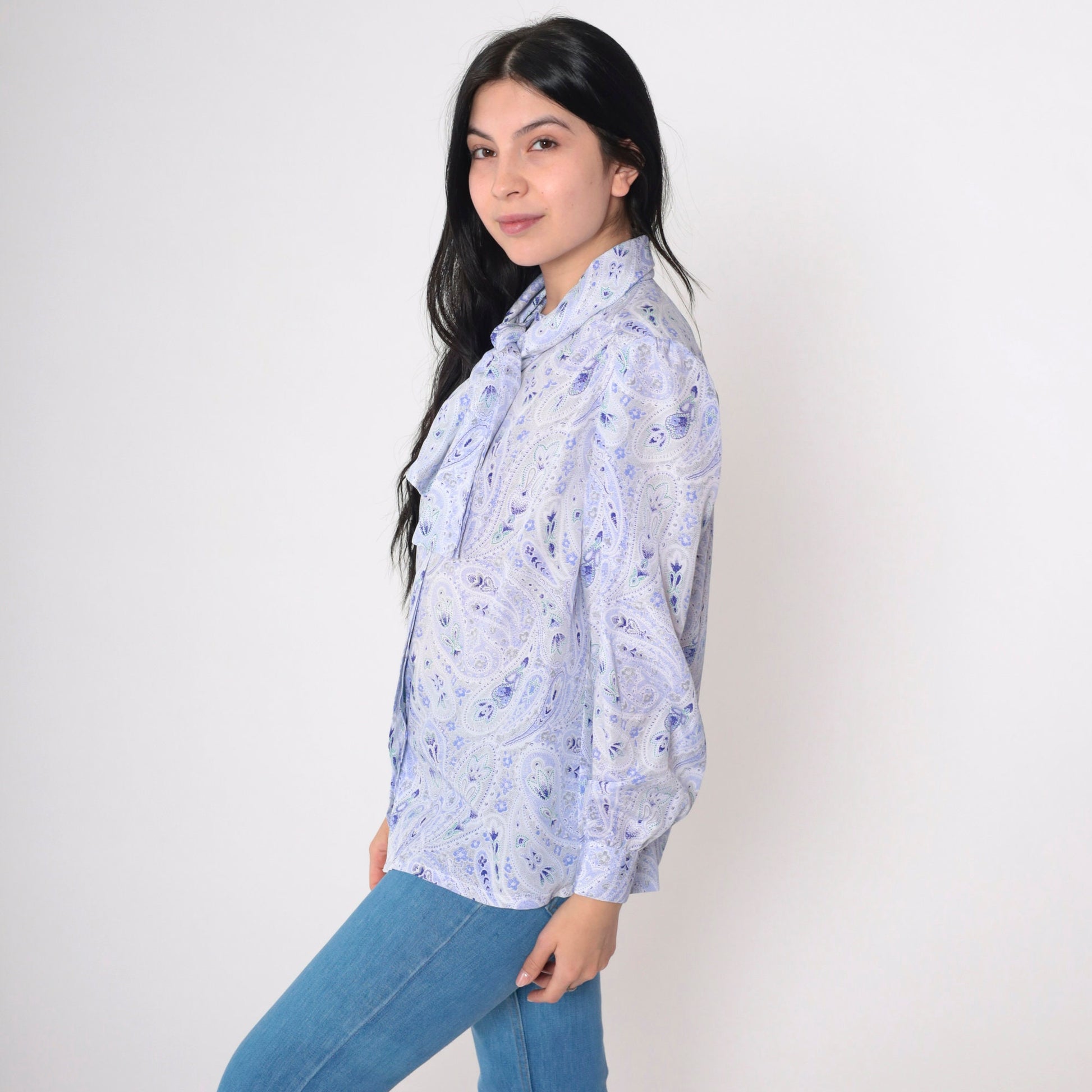 70s Paisley Ascot Blouse Purple White Puff Sleeve Button Up Medium M
