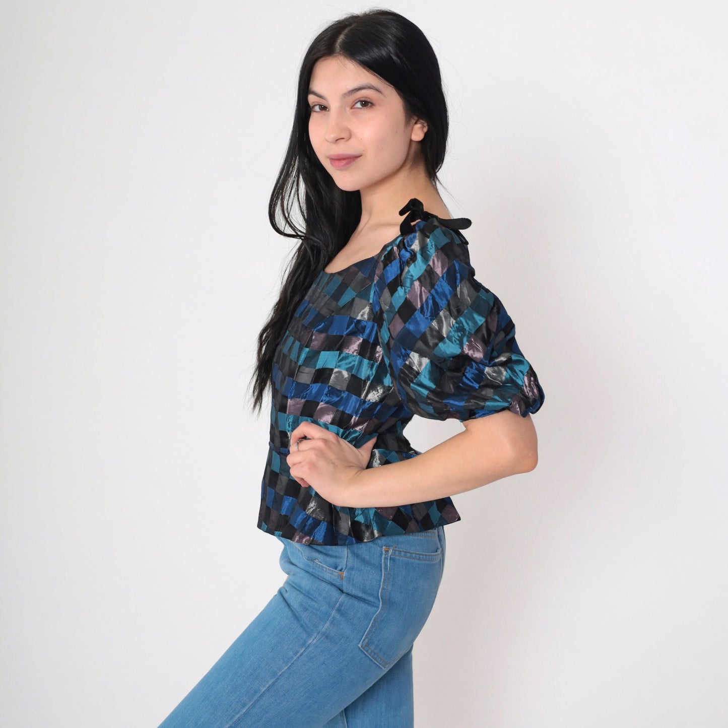 60s Charles Glueck Checkered Peplum Blouse Puff Sleeve Blue Black Extra Small