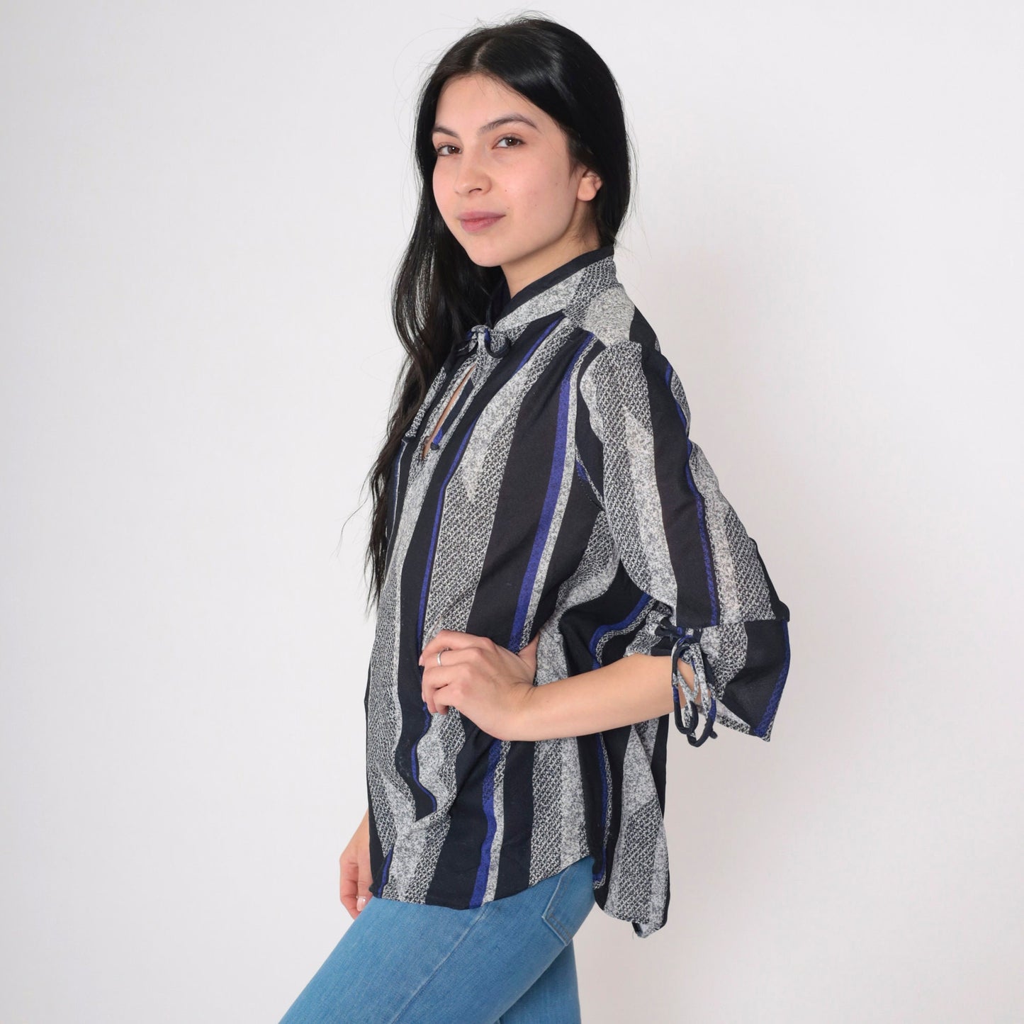 70s Striped Keyhole Blouse Tie Neck 3/4 Sleeve Black Blue Grey Extra Large