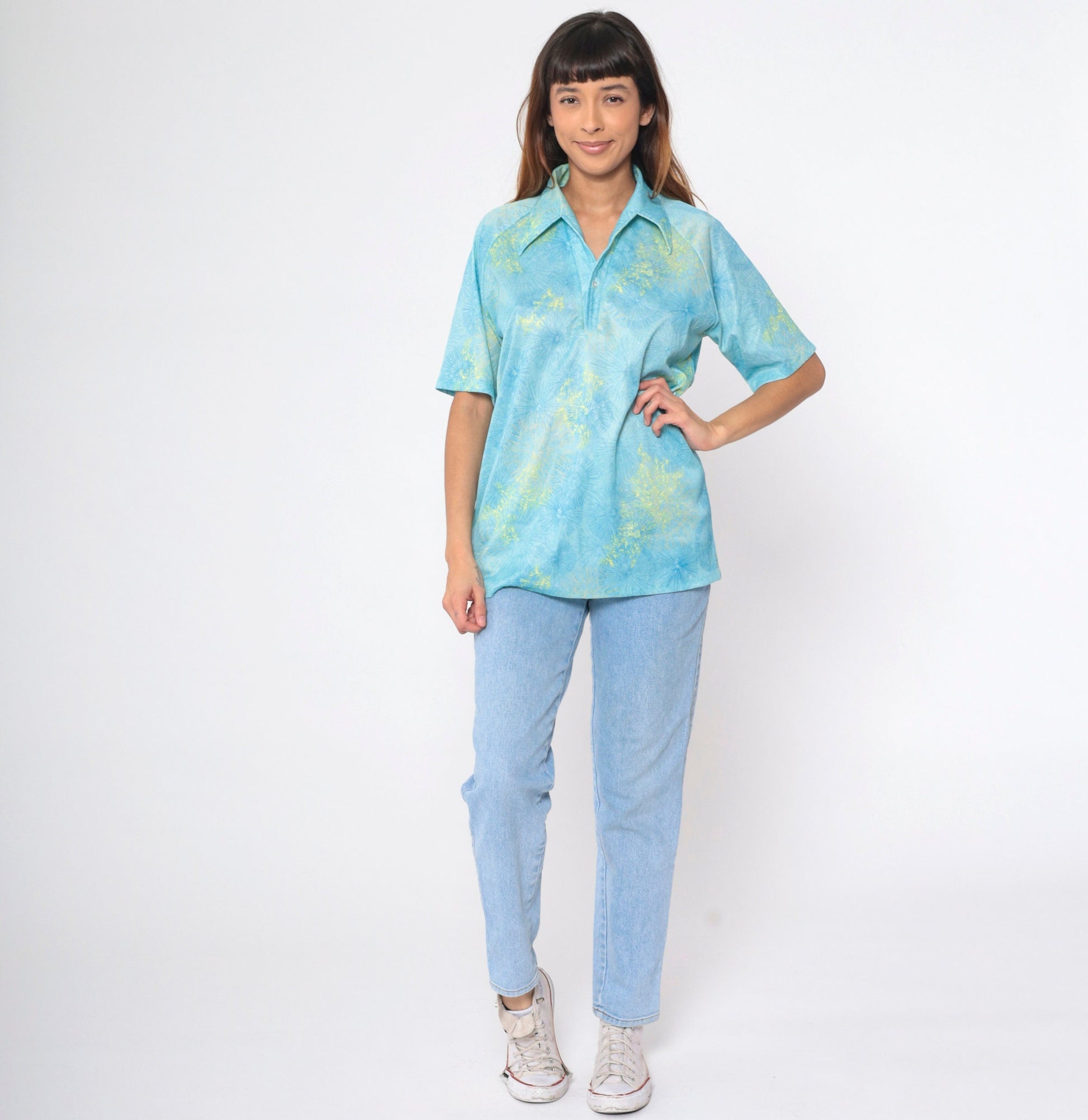 70s Lilly Dasche Blue Dandelion Floral Button-Up Shirt Raglan Large L