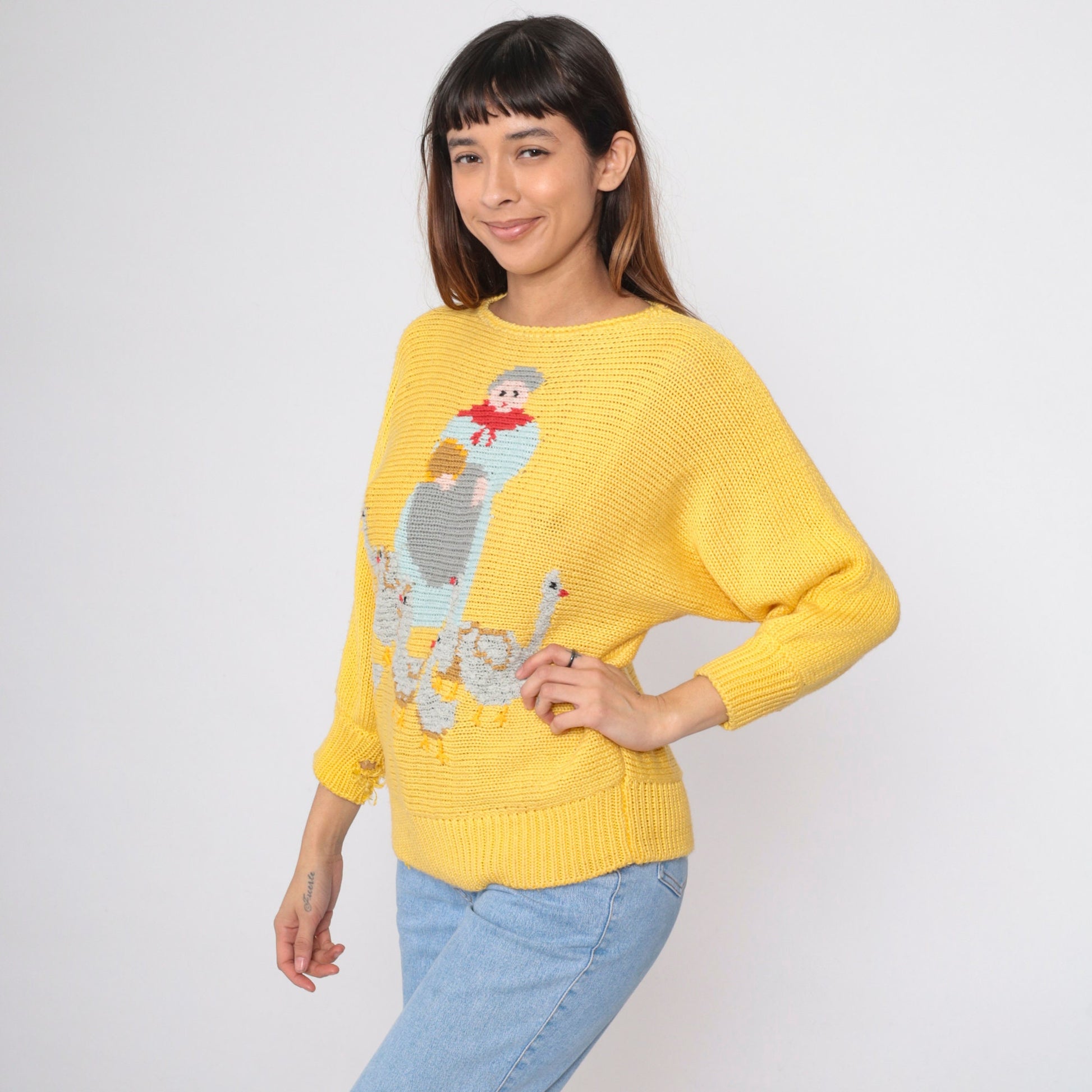 80s Mother Goose Farm Animal Yellow Dolman Sweater Novelty Knit Small