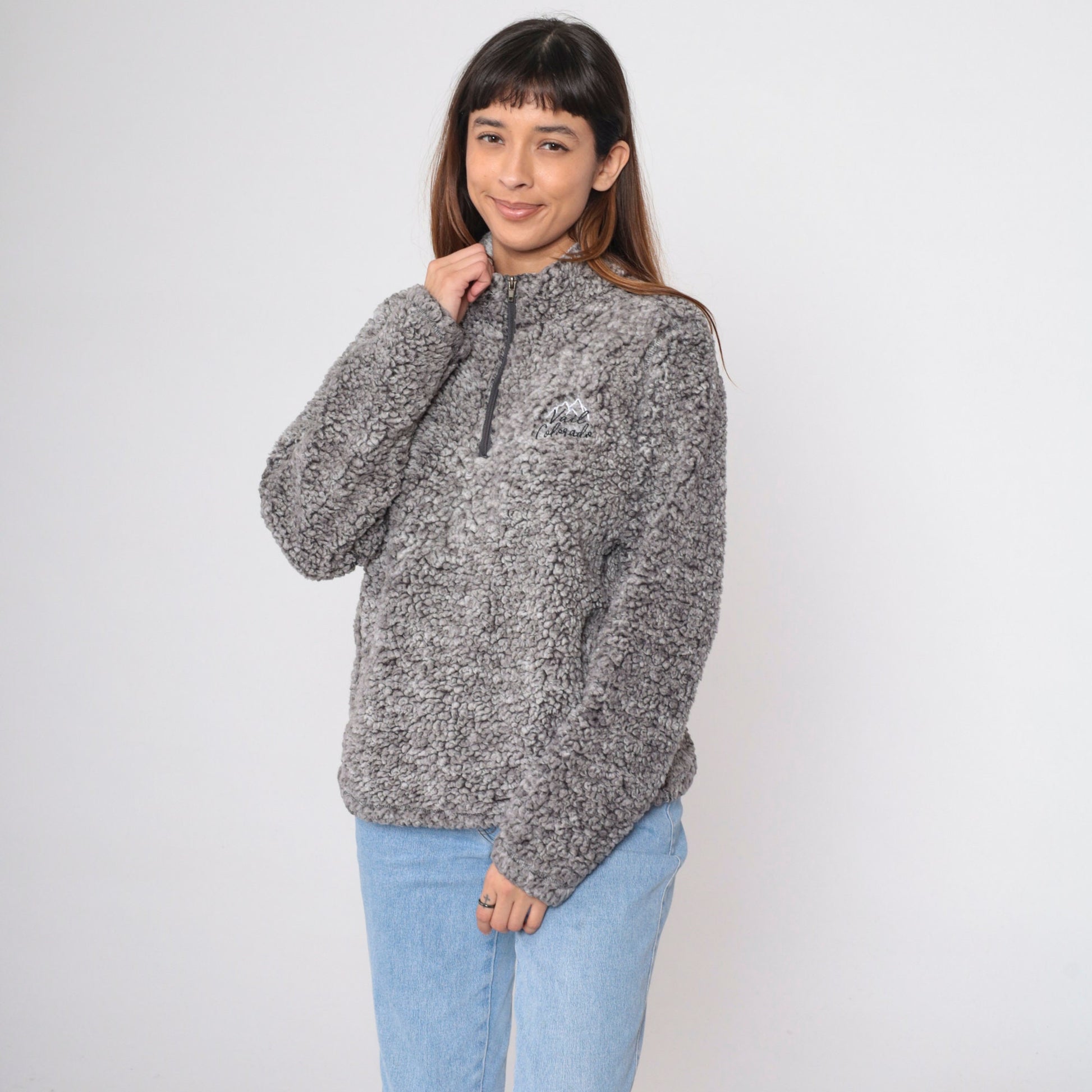 90s Vail Colorado Fleece Quarter Zip Mock Neck Sweatshirt Grey Large L