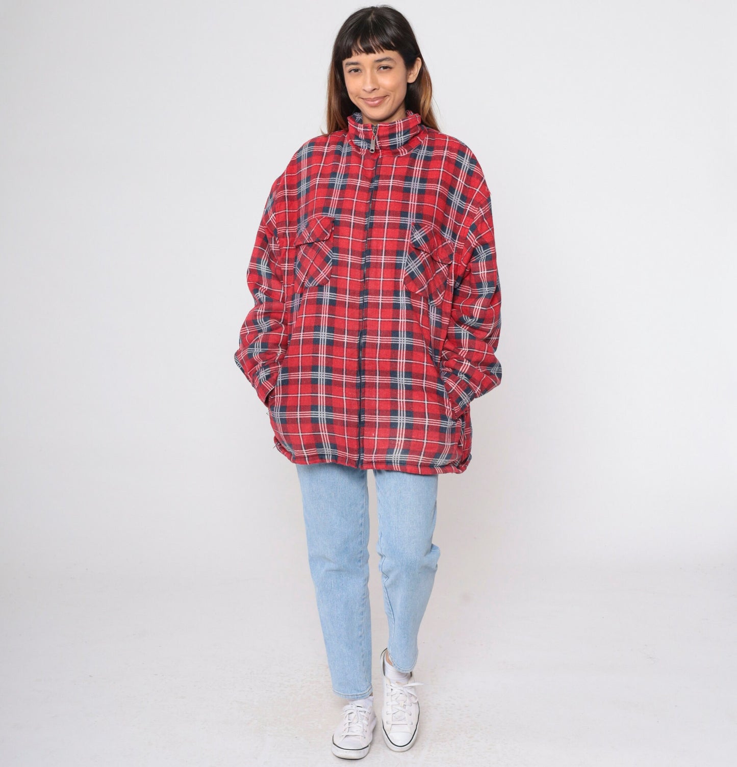 90s Red Plaid Zip Jacket Sherpa Lined Flannel Shacket Extra Large XL