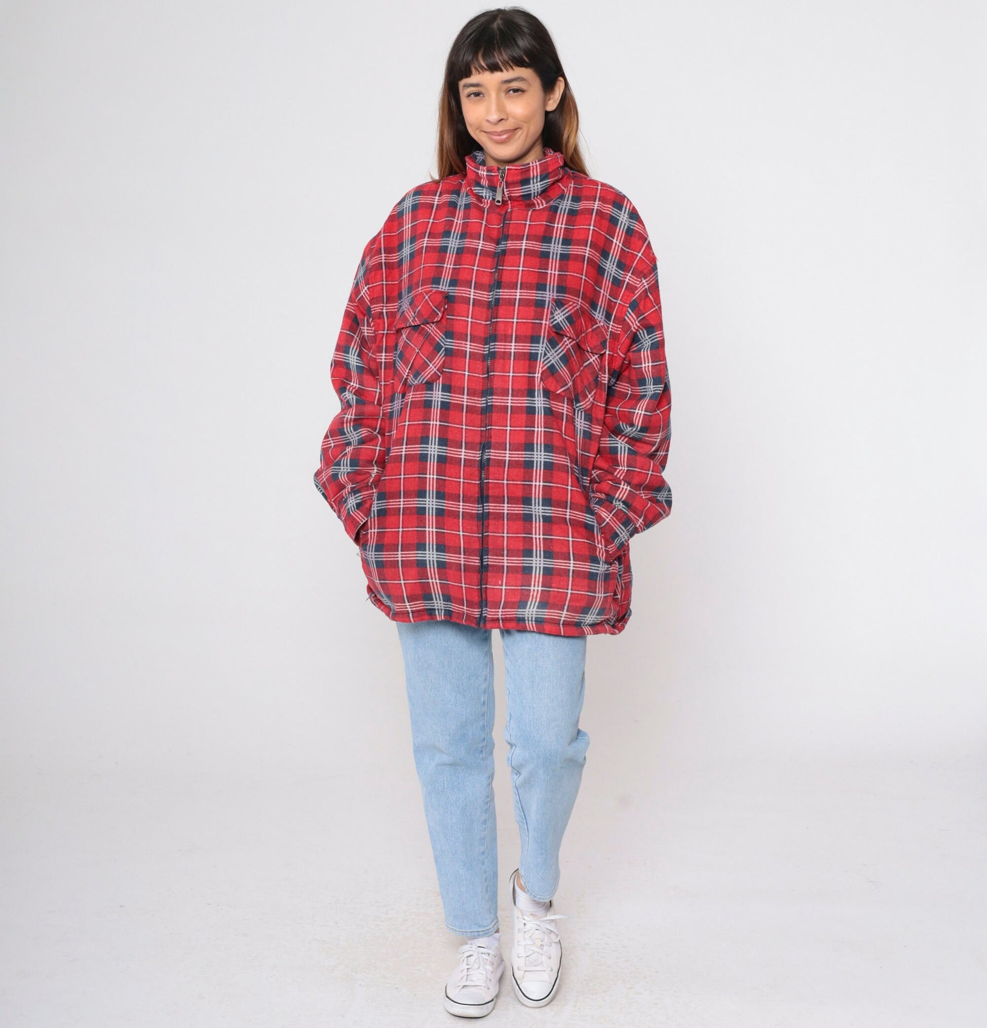 90s Red Plaid Zip Jacket Sherpa Lined Flannel Shacket Extra Large XL