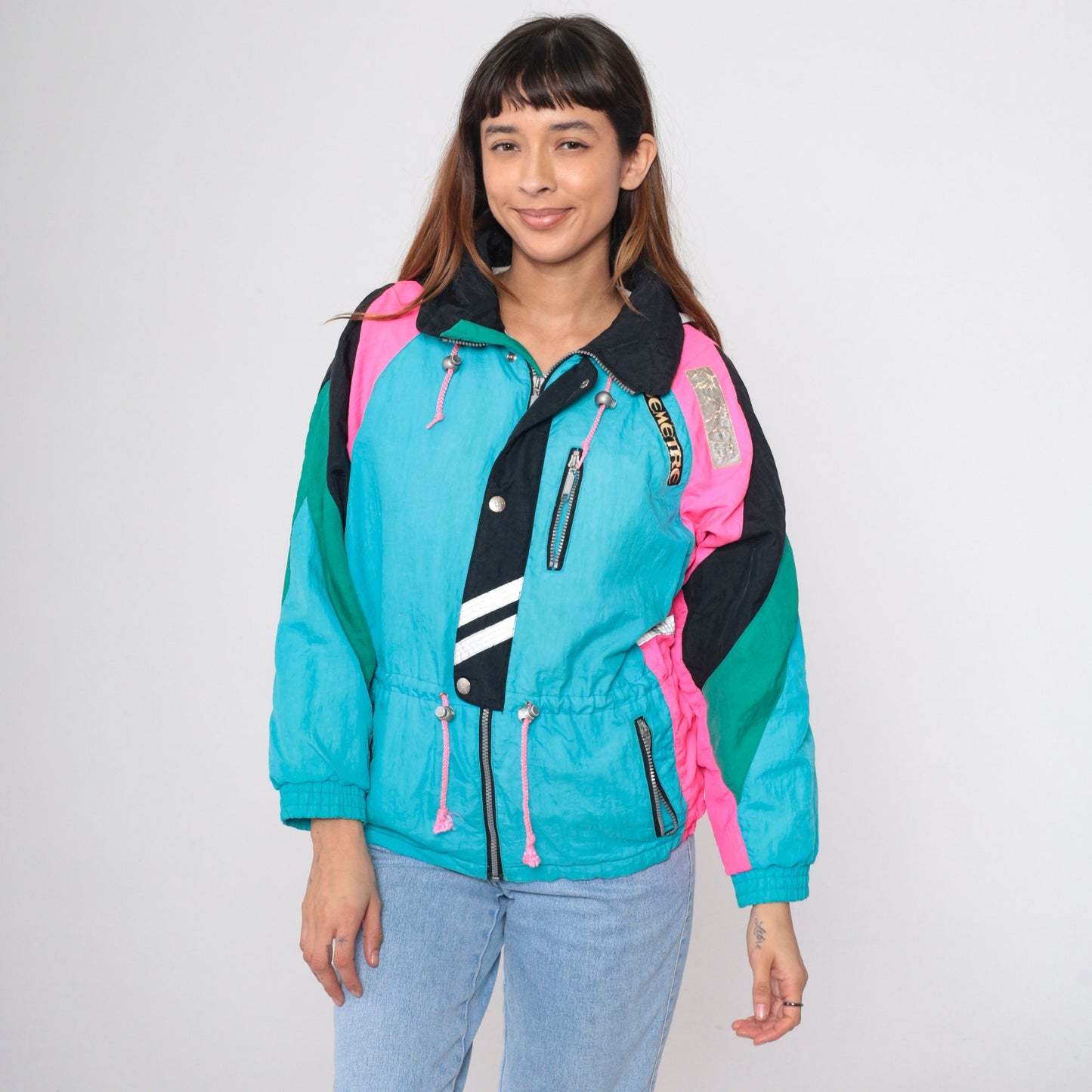 90s Demetre Ski Jacket Turquoise Hot Pink Color Block Puffer Small