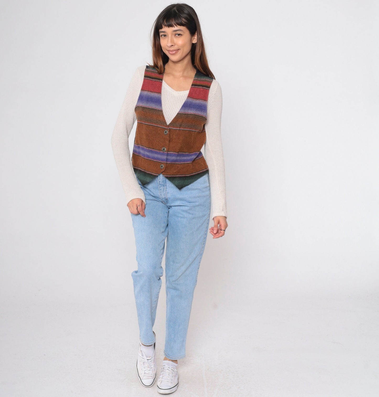 90s Fritzi Sport Southwestern Vest Brown Striped Button-Up Medium