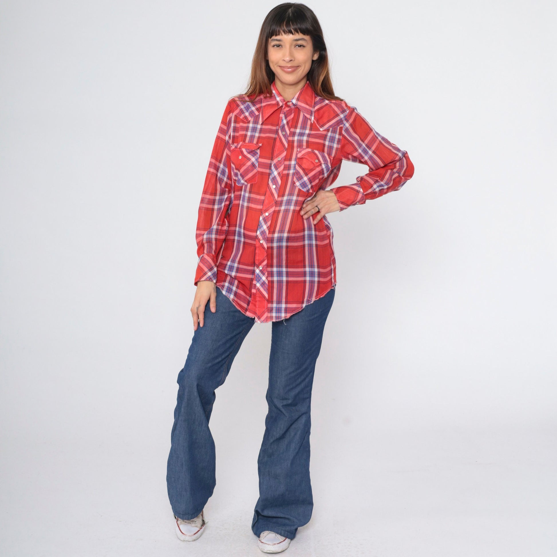 70s Red Plaid Western Shirt Pearl Snap Button Up Long Sleeve Medium