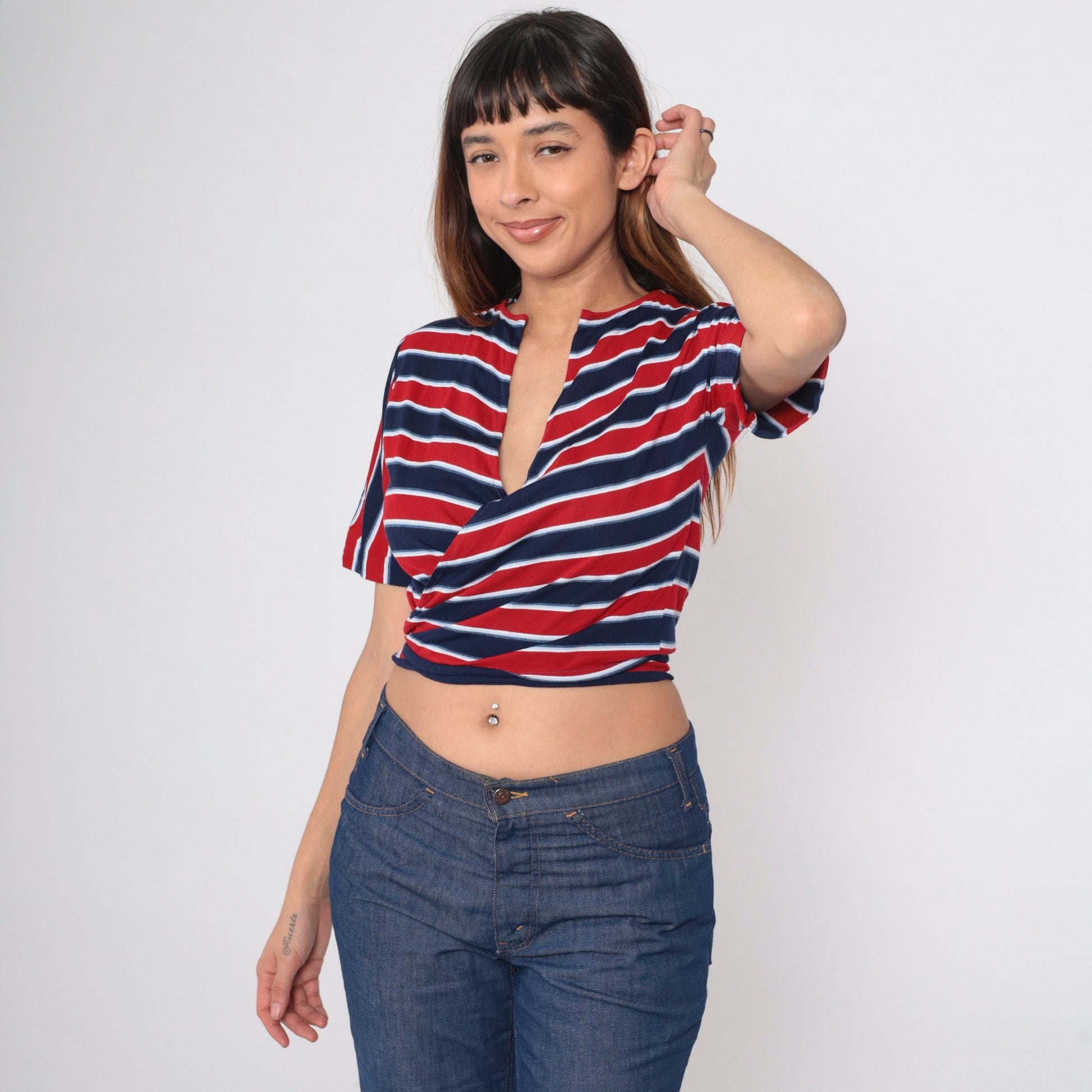 70s Red White Blue Striped Wrap Crop Top Short Sleeve V-Neck Medium Large