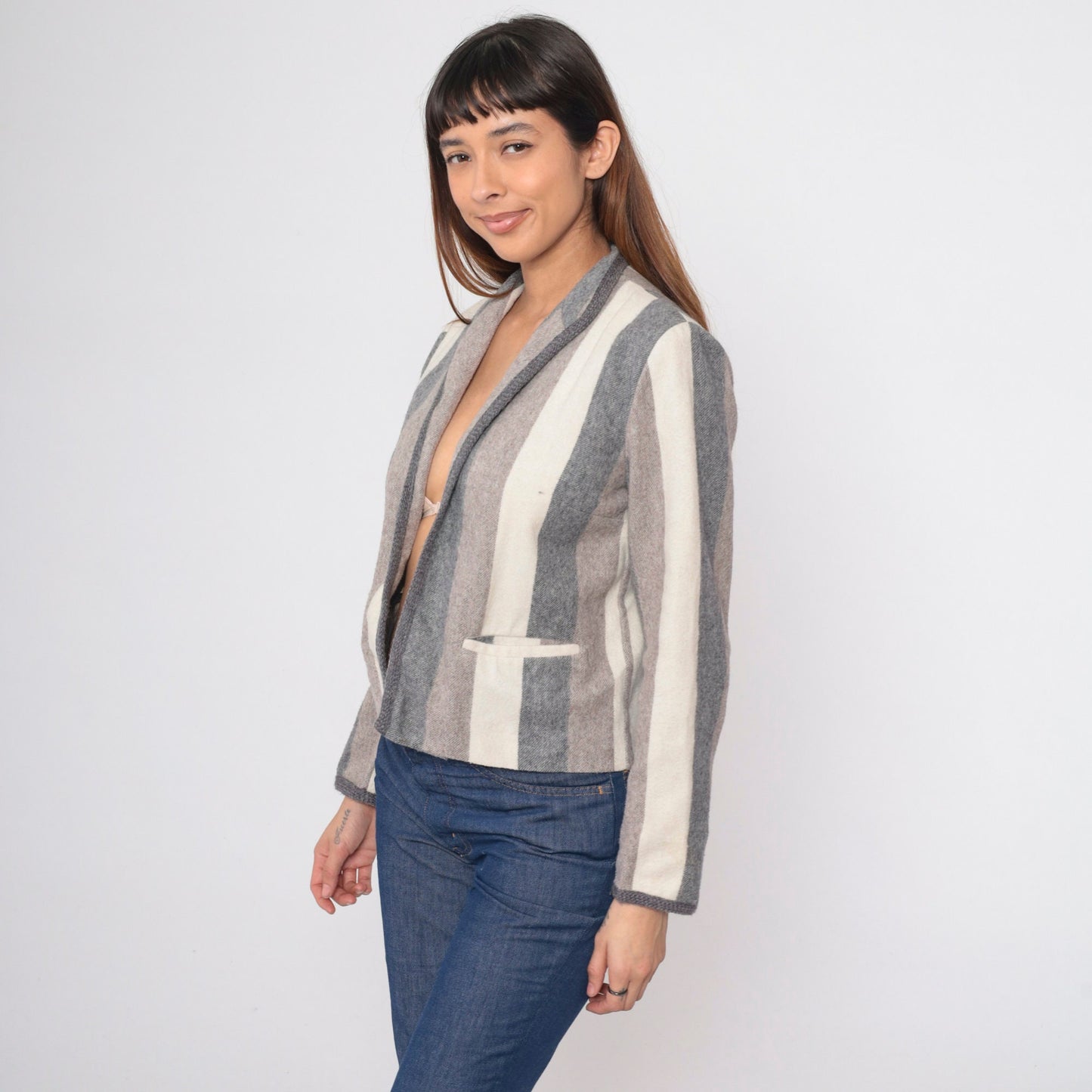 80s Striped Wool Blend Blazer Open Front Jacket Grey Brown Cream Small Medium