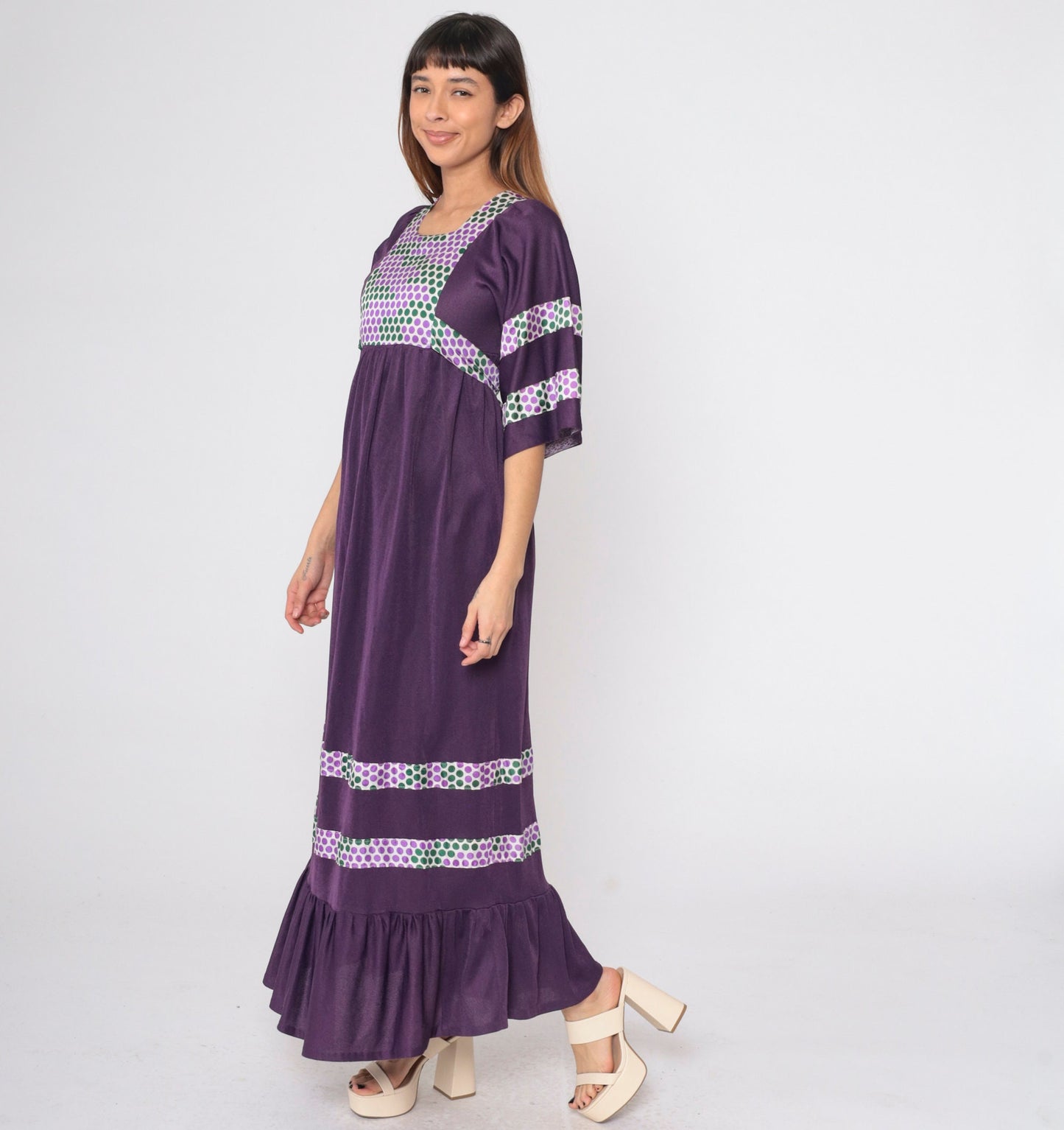 70s Deep Purple Polka Dot Maxi Dress Wide Sleeve Empire Waist Small