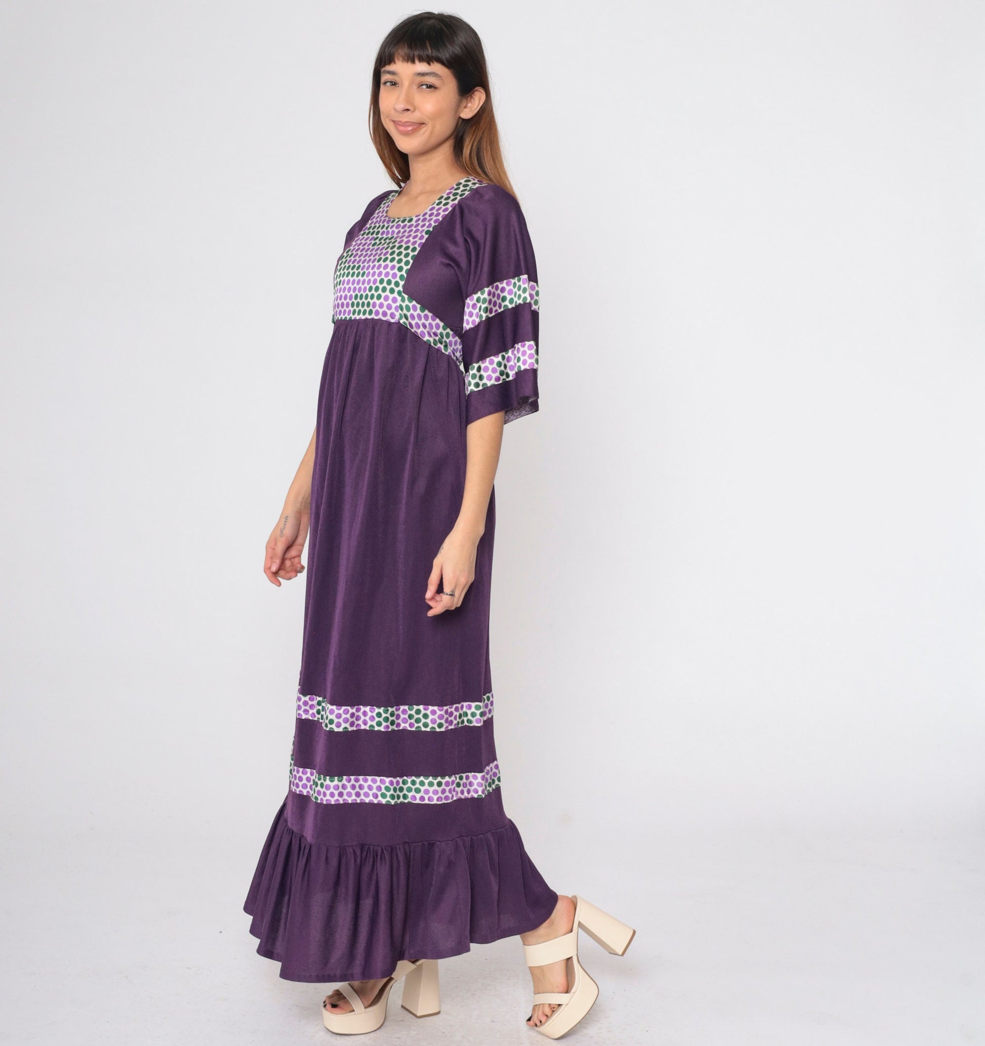 70s Deep Purple Polka Dot Maxi Dress Wide Sleeve Empire Waist Small
