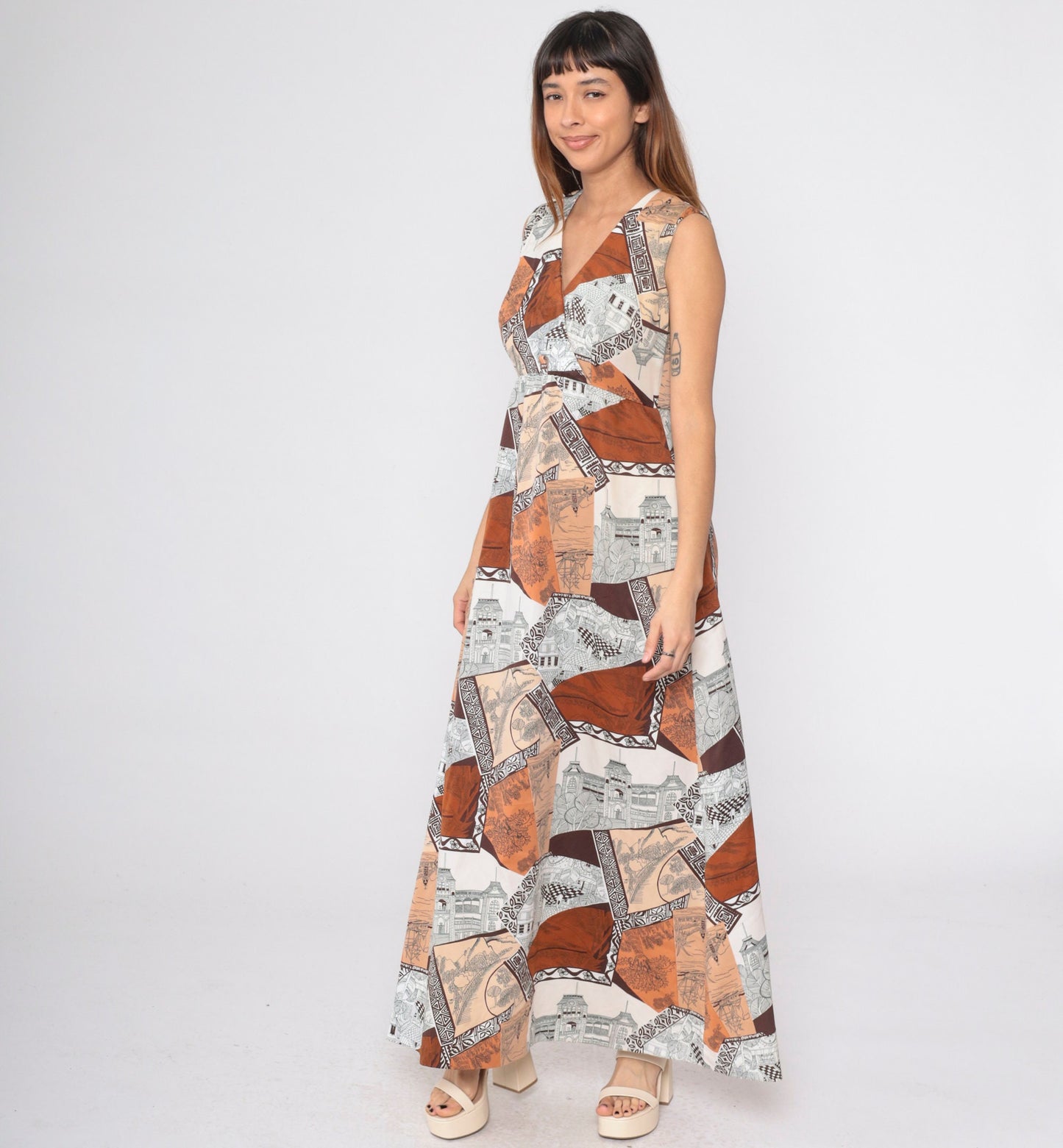 70s Patchwork Architecture Maxi Dress V-Neck Wrap High Waist Orange Brown Medium