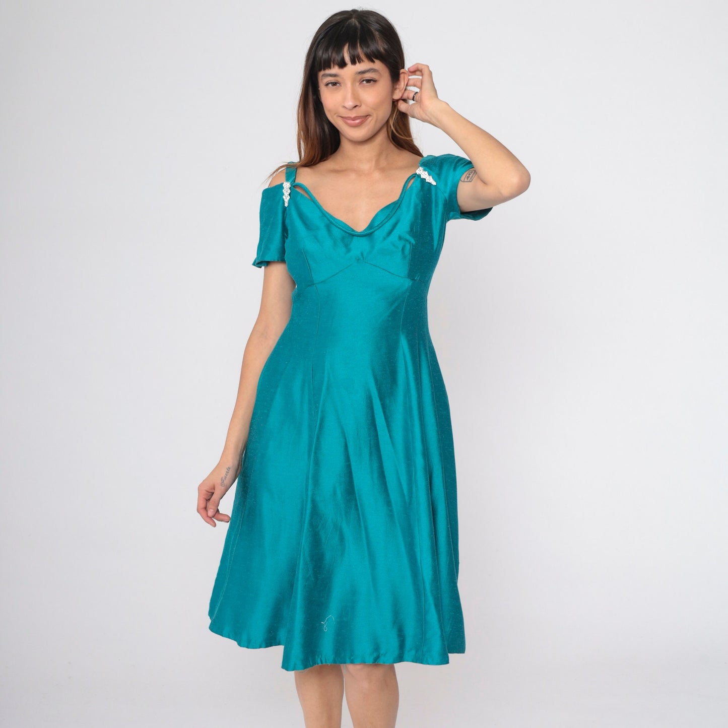 80s Teal Off-Shoulder Midi Dress Rhinestone A-Line Empire Waist Small