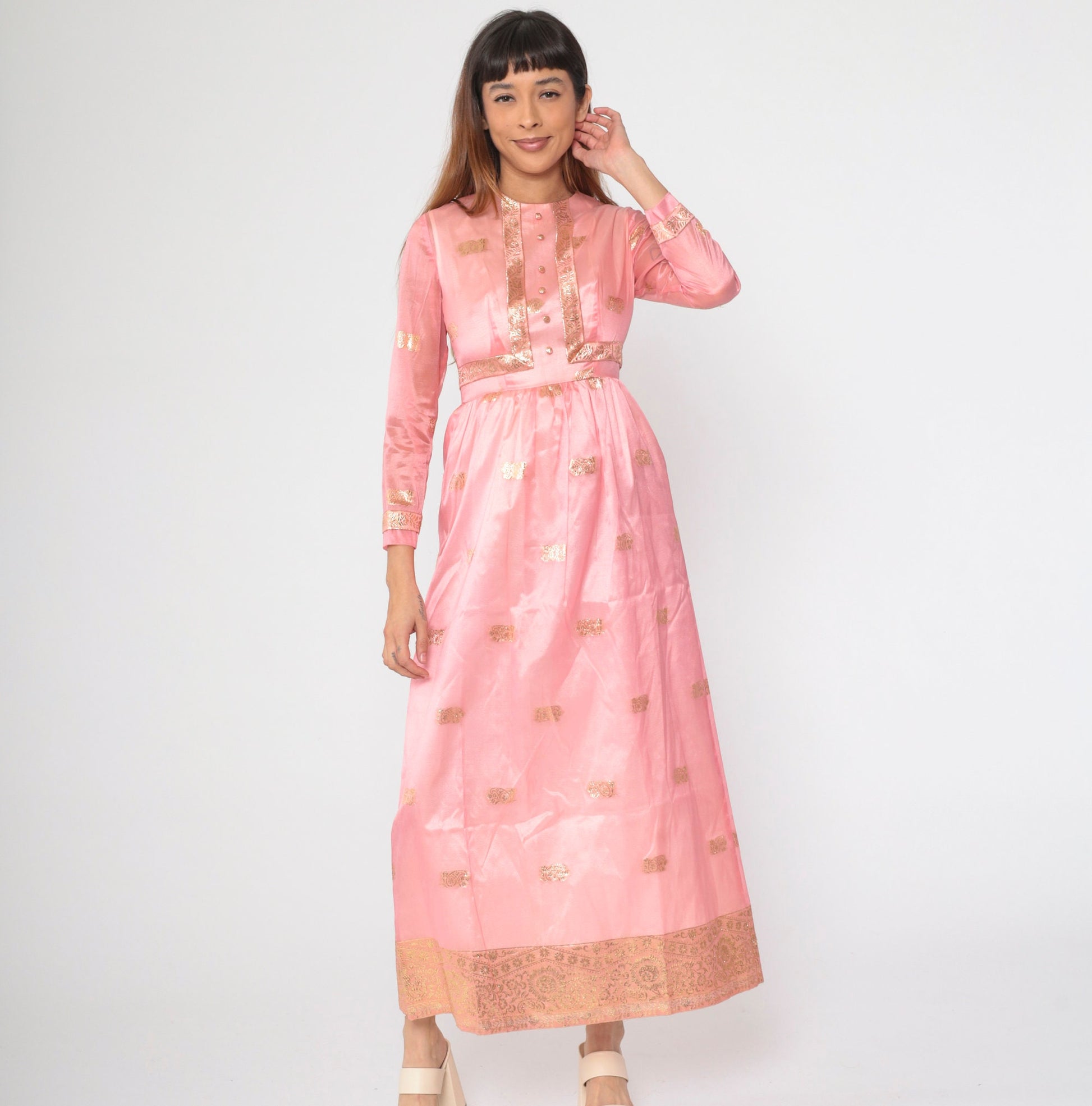 60s Pink Organza Maxi Dress Gold Embroidered Floral Paisley Long Sleeve Small