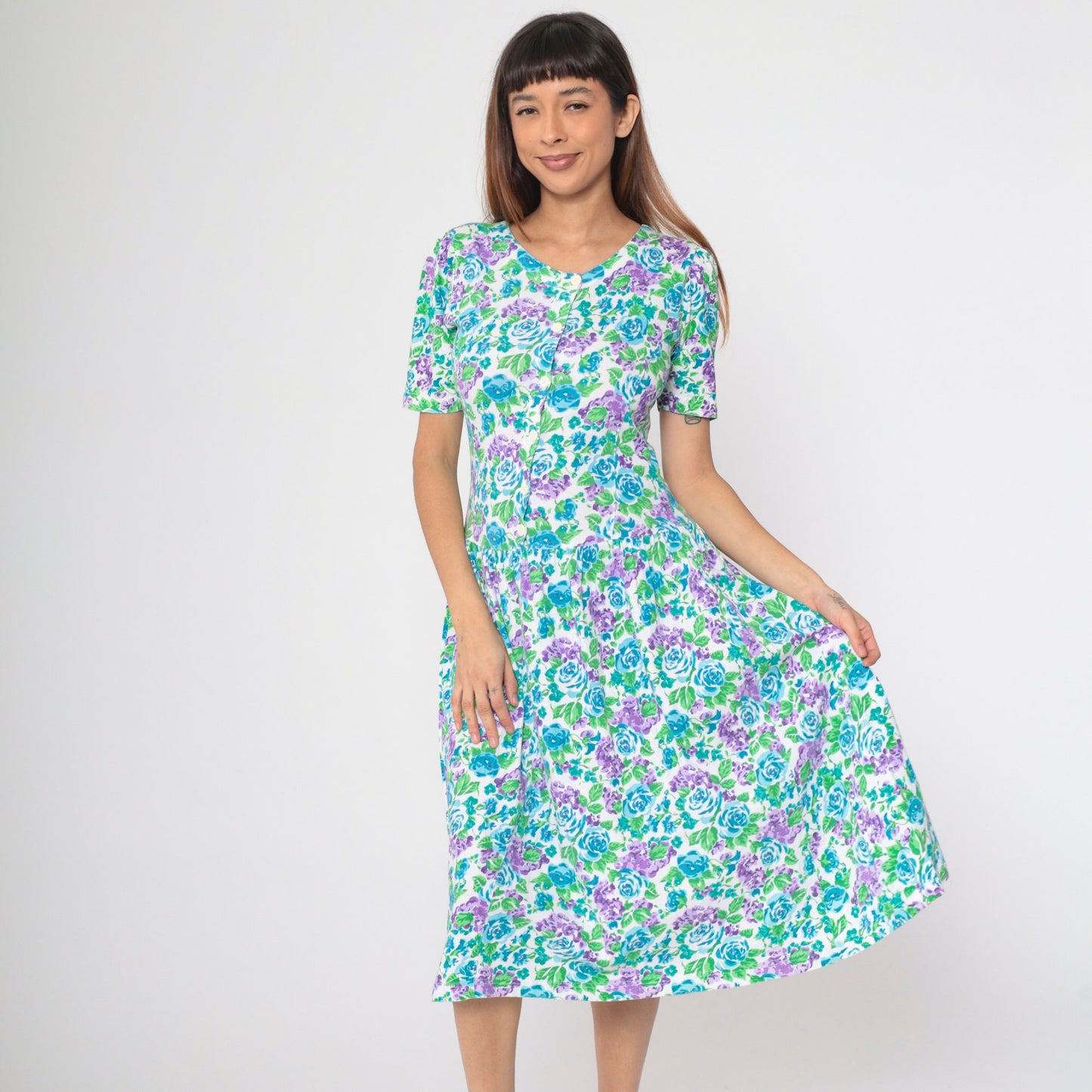 80s Floral Midi Dress Nordstrom Point of View Puff Sleeve Drop Waist Cotton Small
