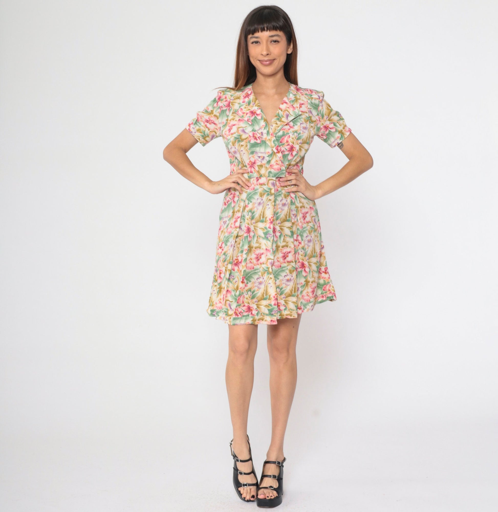 90s Liz Claiborne Tropical Floral Mini Dress Surplice Neckline Small