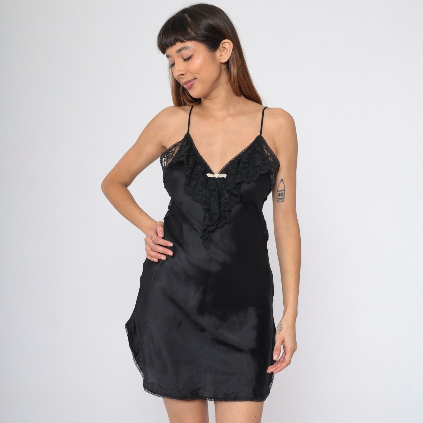 80s Black Lace Slip Dress V-Neck Cascading Ruffle Spaghetti Strap Mini Small
