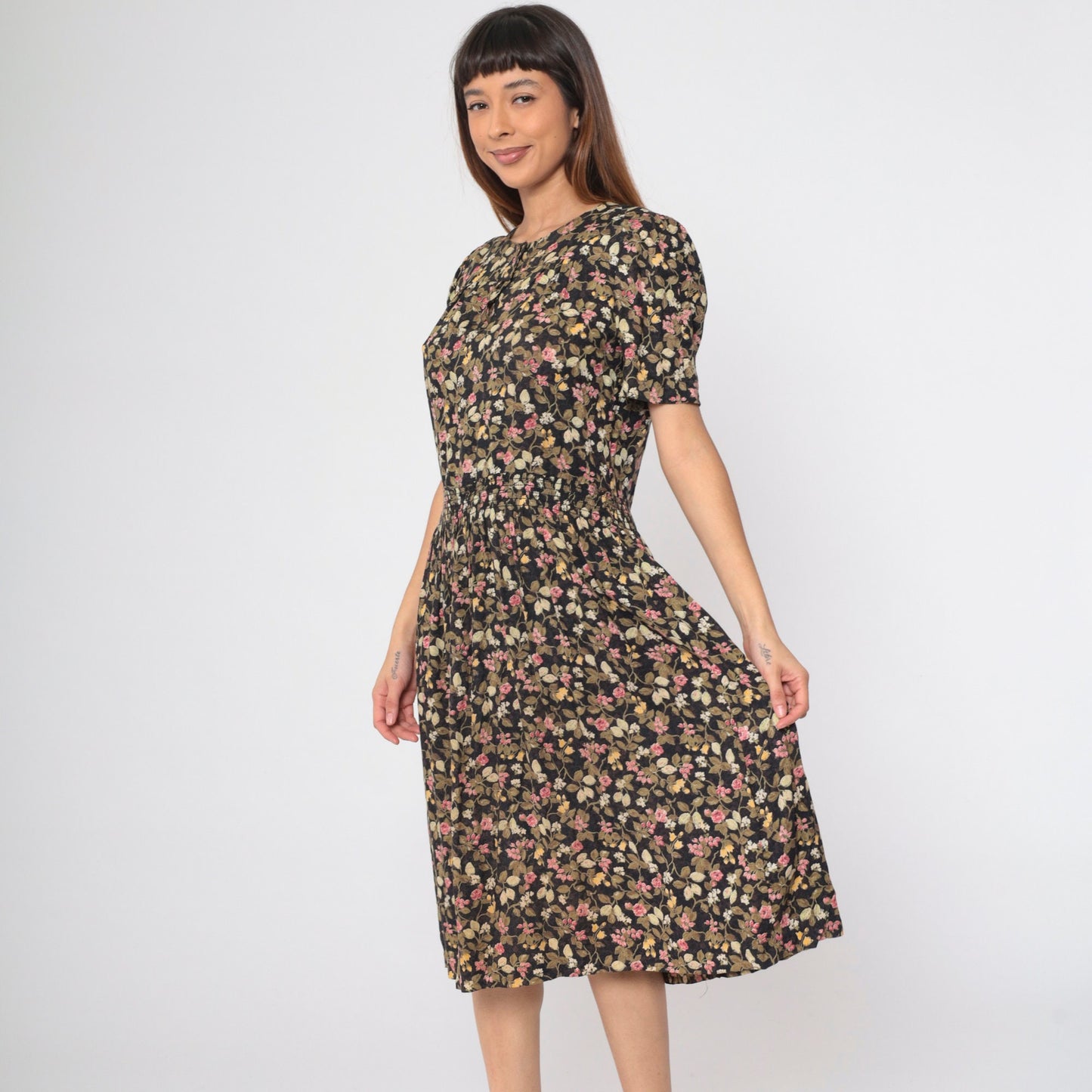 80s Floral Button-Up Midi Dress Black Olive Pink Puff Sleeve Smocked Small