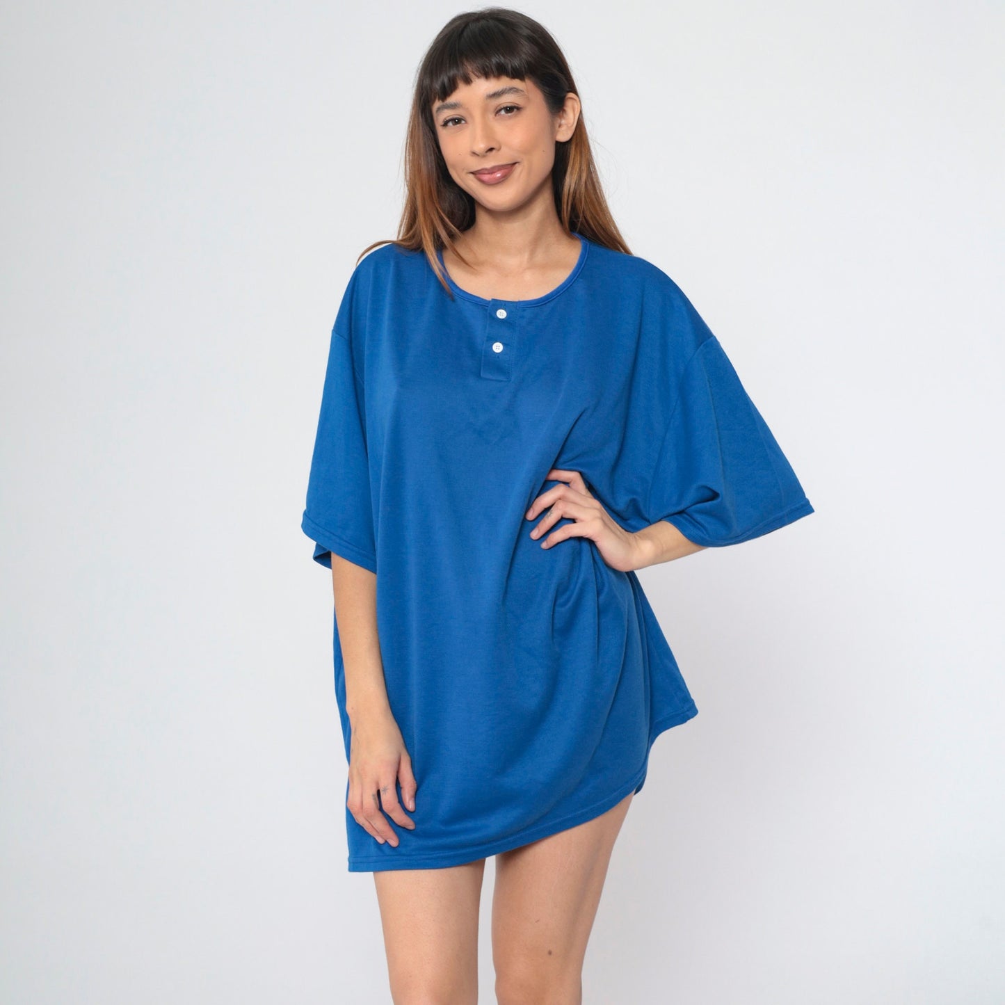 90s Royal Blue Henley T-Shirt Plus Size XXL Vintage Button Neck Tee