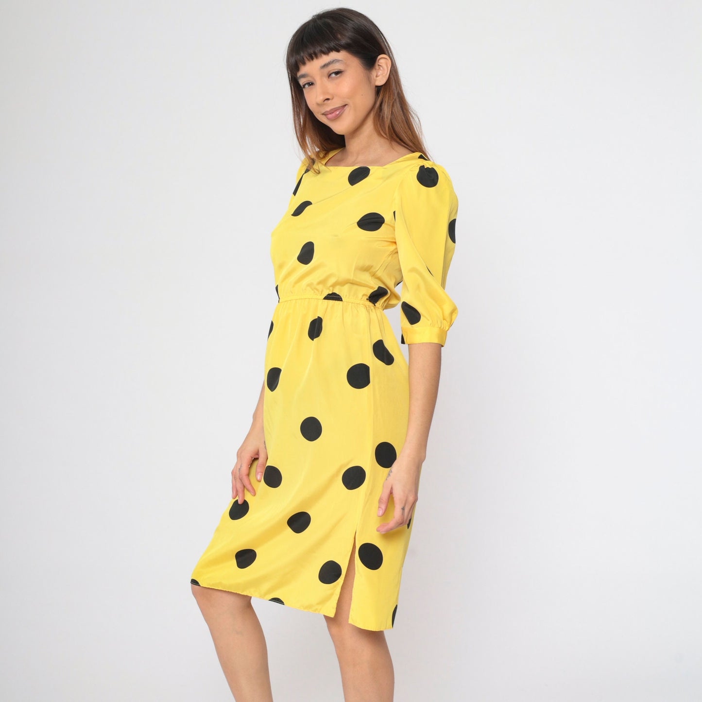 80s Yellow Polka Dot Midi Dress Puff Sleeve Square Neck High Waist Small