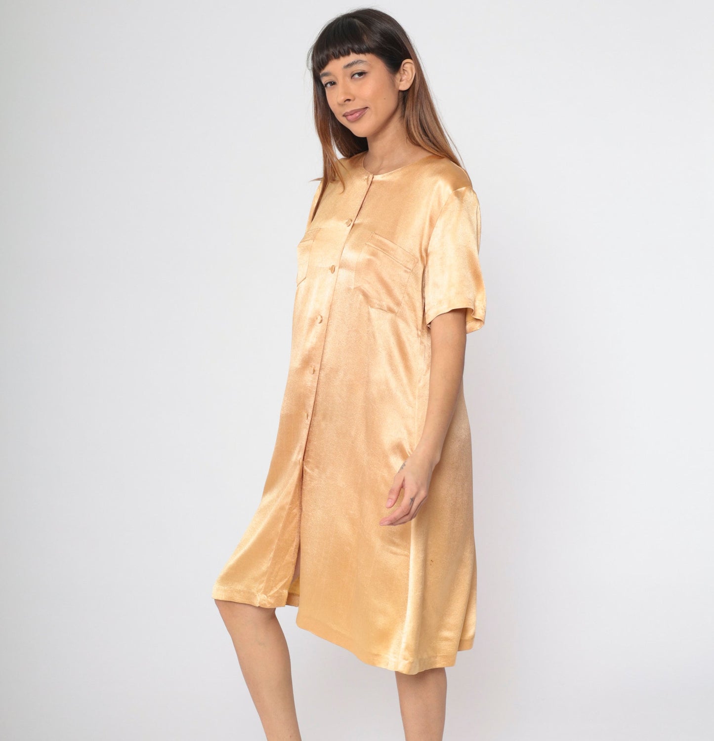 90s Wild Rose Apricot Shirtdress Knee-Length Button-Up Shift Dress Small