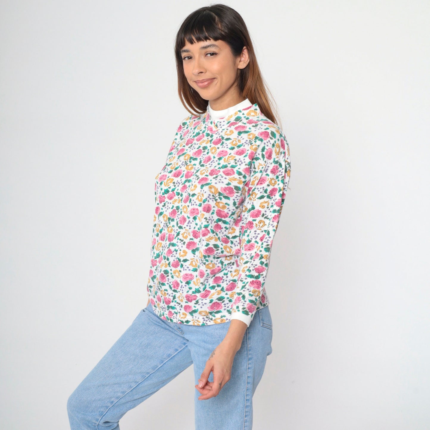 90s Floral Mock Neck Shirt White Pink Rose Print Long Sleeve Blouse Medium