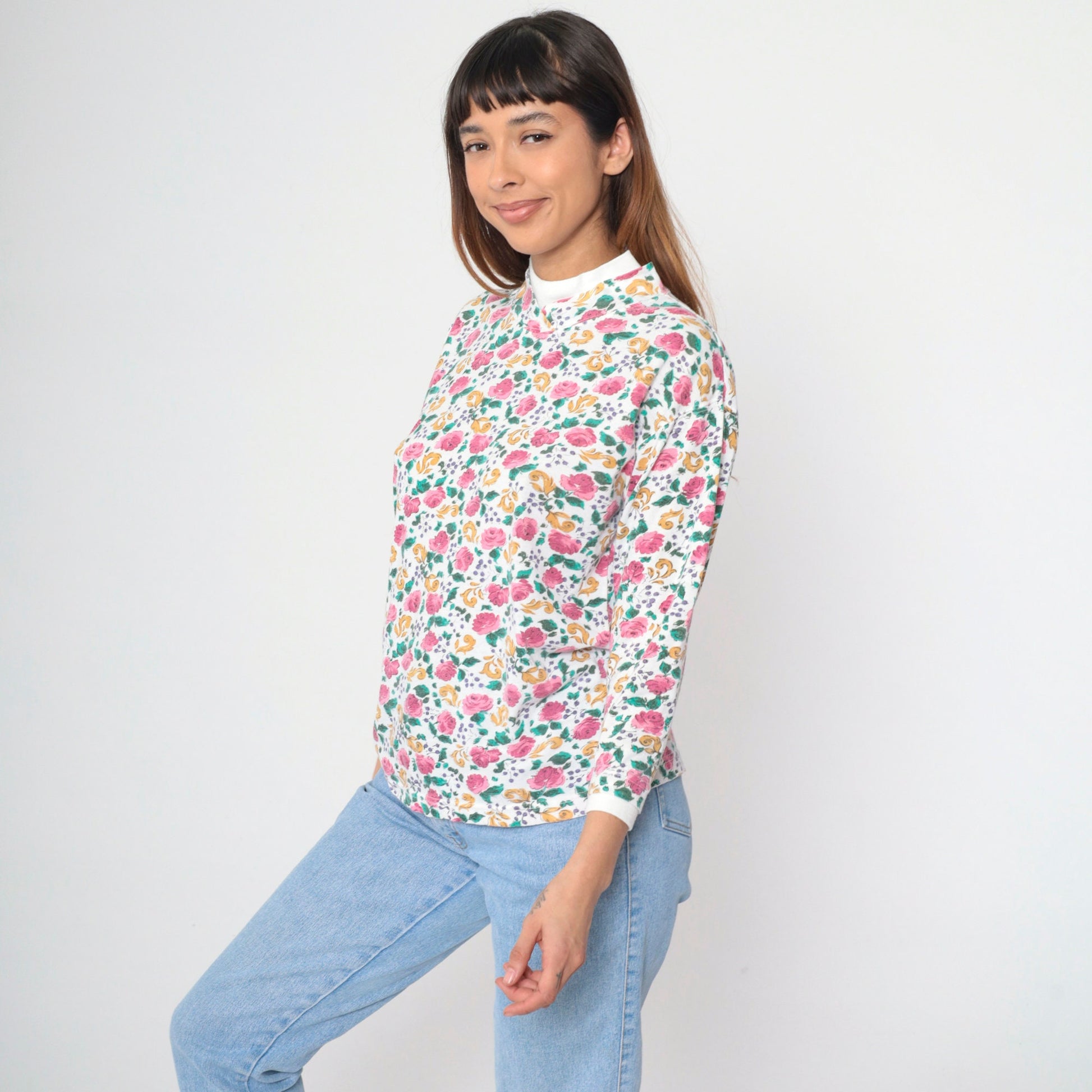 90s Floral Mock Neck Shirt White Pink Rose Print Long Sleeve Blouse Medium