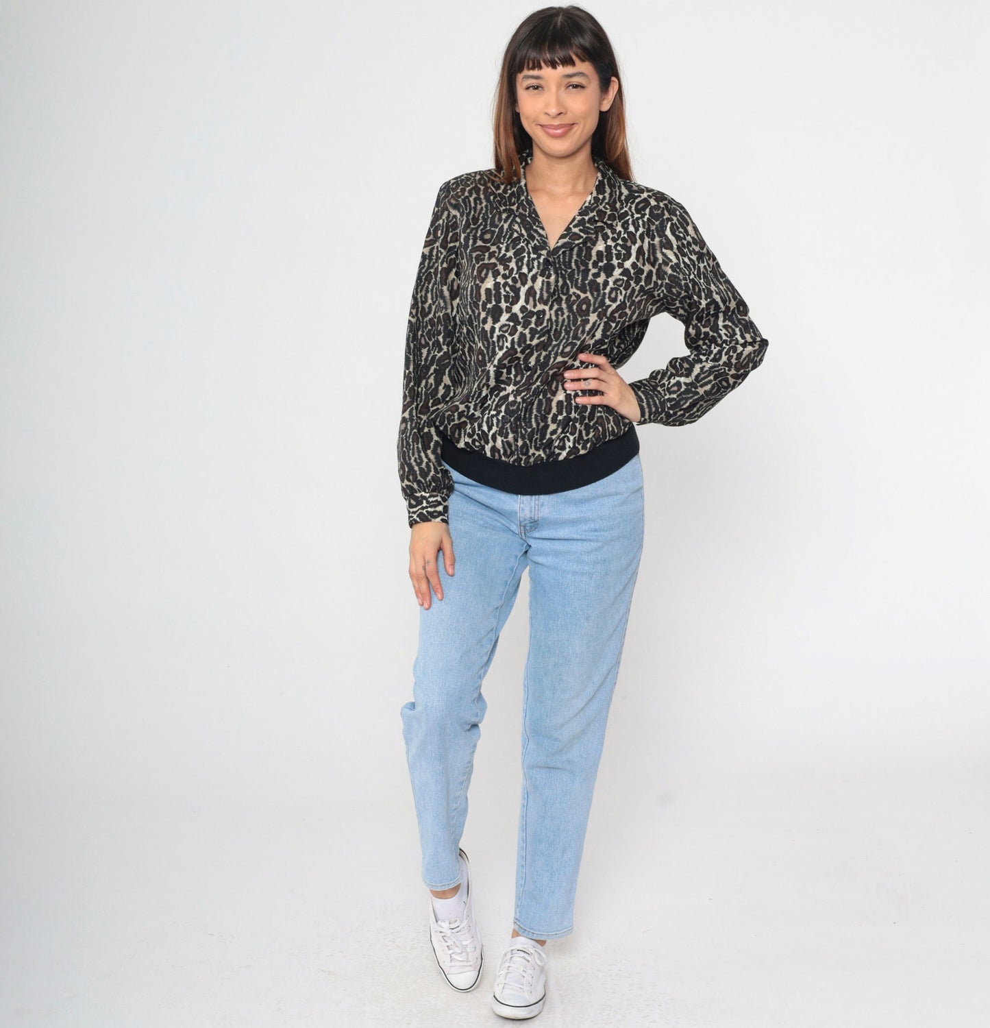 80s Leopard Print Button-Up Blouse Long Sleeve Collared Top Large