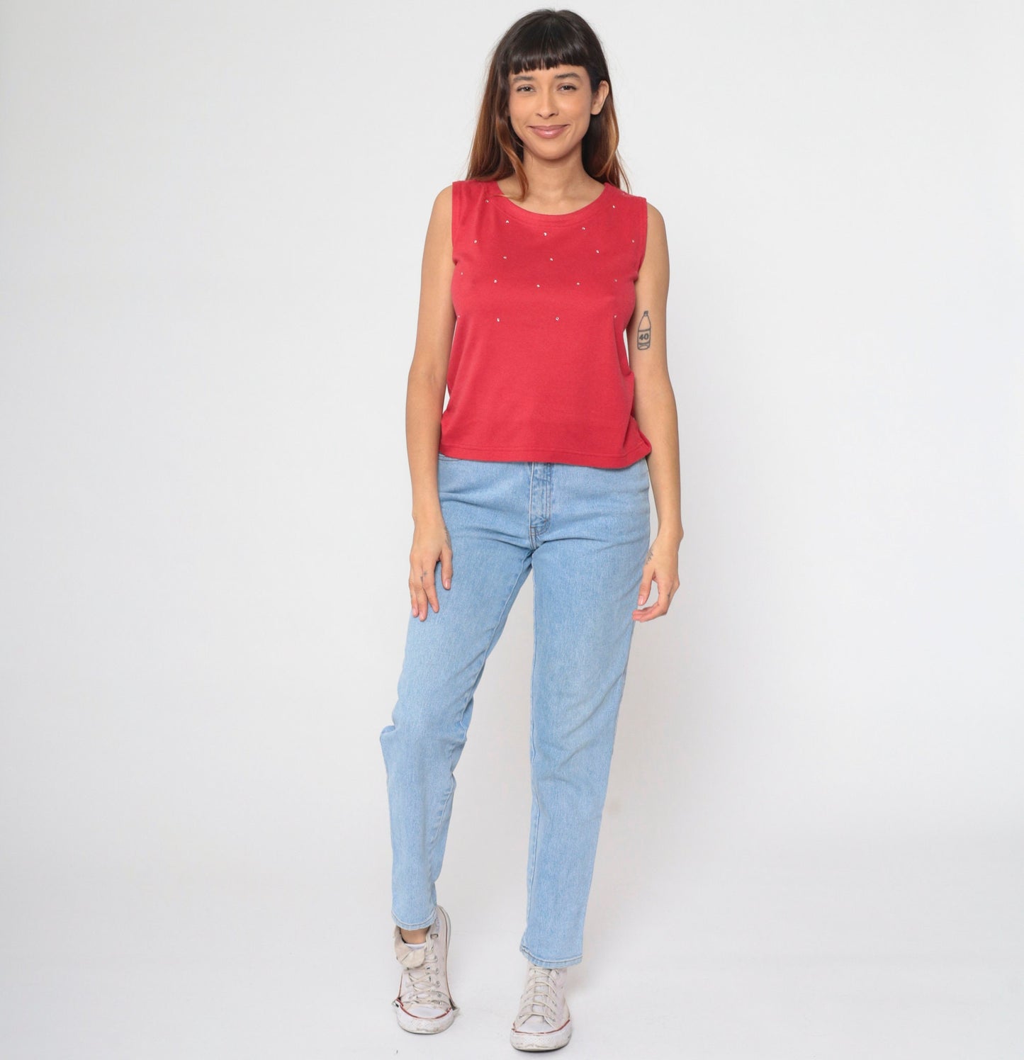 90s Red Rhinestone Tank Top Round Neck Embellished Sleeveless Small Petite