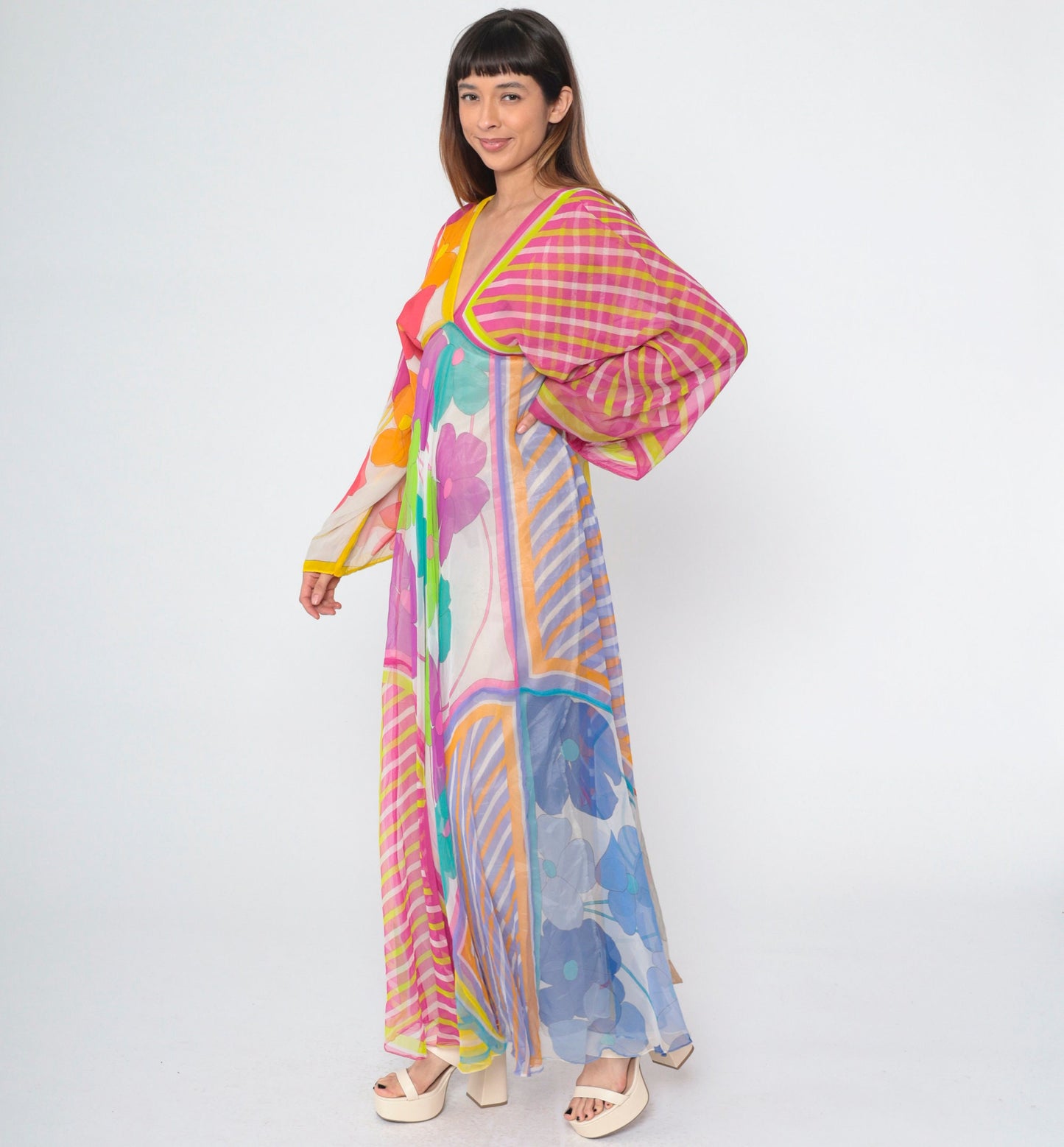 70s La Vetta Beverly Hills Floral Maxi Dress Deep V Empire Waist Kimono Sleeve Small