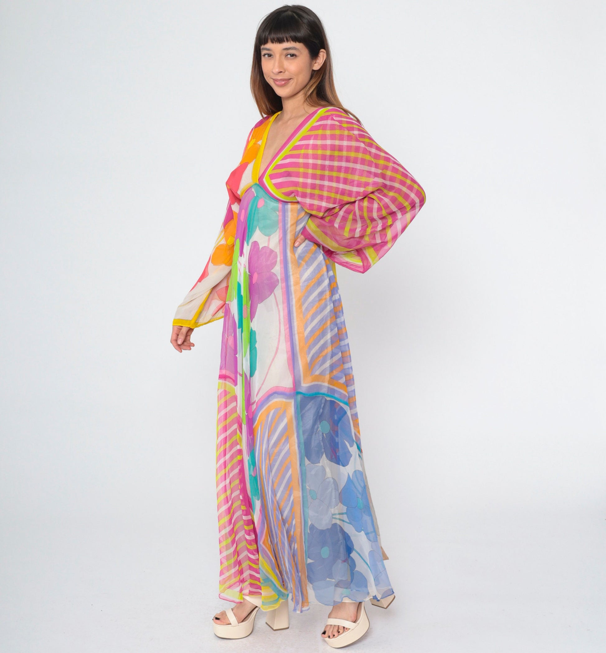 70s La Vetta Beverly Hills Floral Maxi Dress Deep V Empire Waist Kimono Sleeve Small