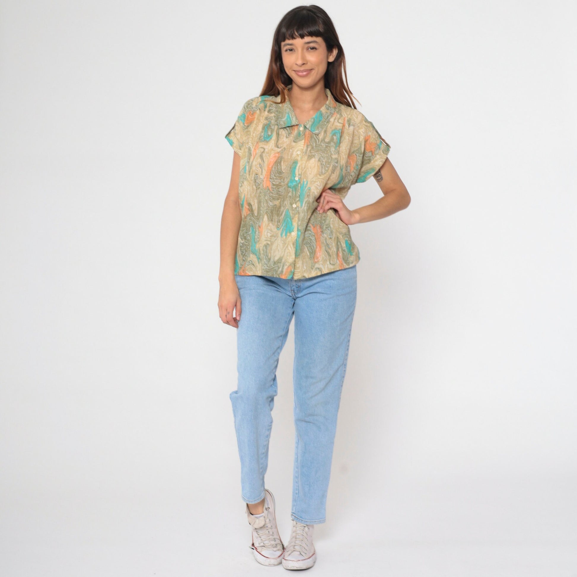 90s Marble Print Button Up Shirt Psychedelic Turquoise Tan Orange Large