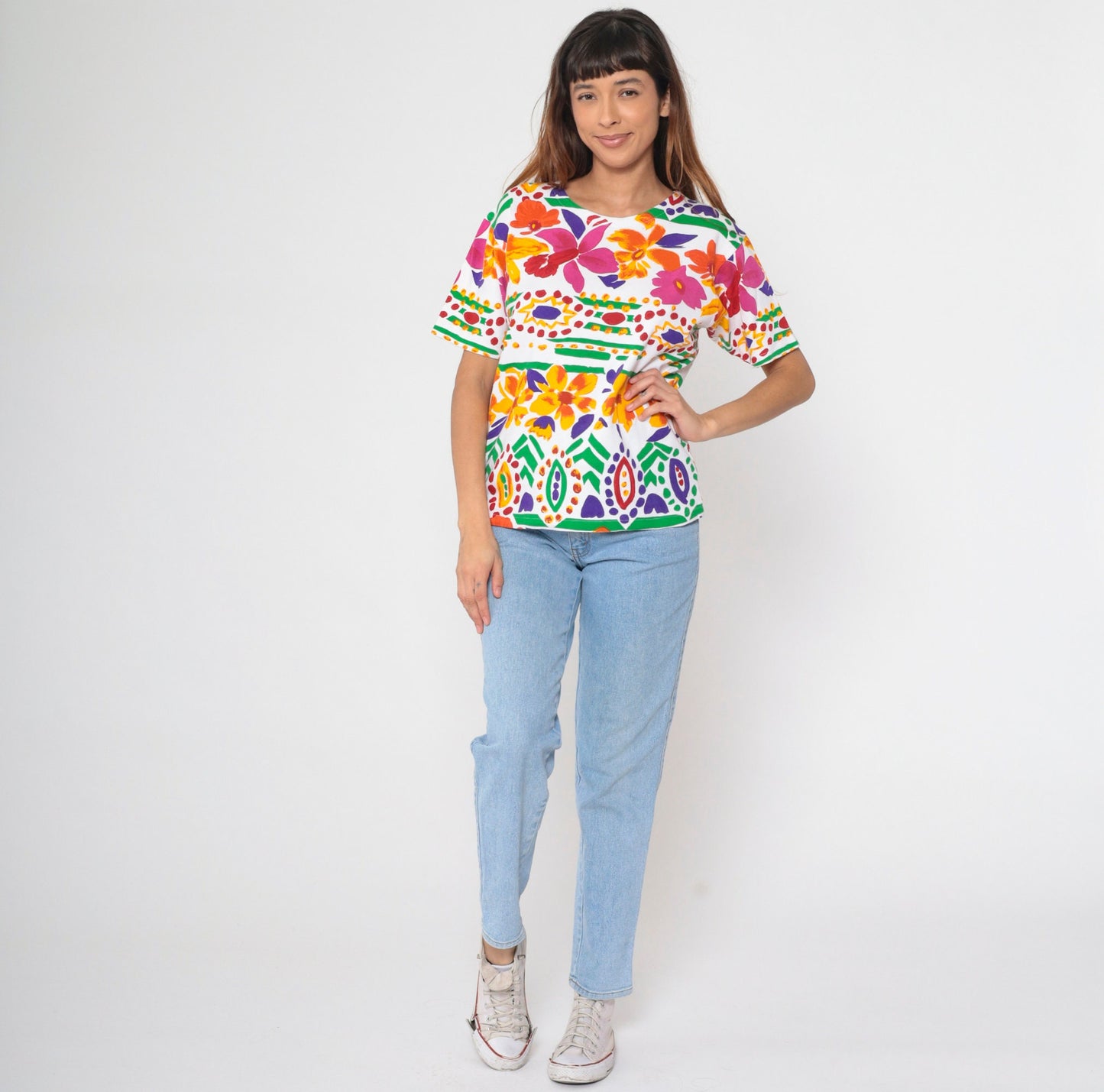 90s Tropical Floral Striped T-Shirt White Pink Orange Botanical Print Large L