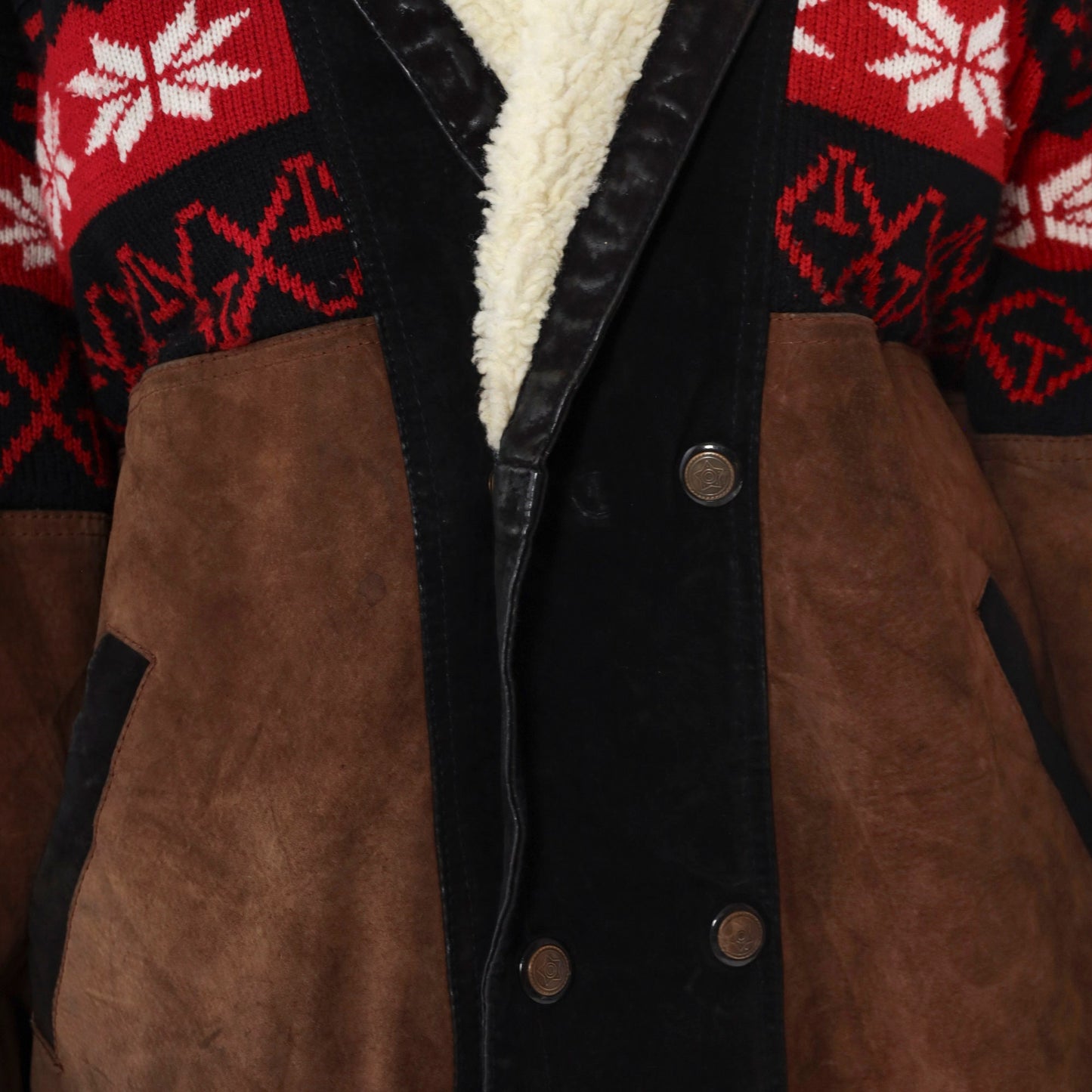90s Sun & Moon Black Brown Suede Leather Jacket Nordic Snowflake Sherpa Trim Large
