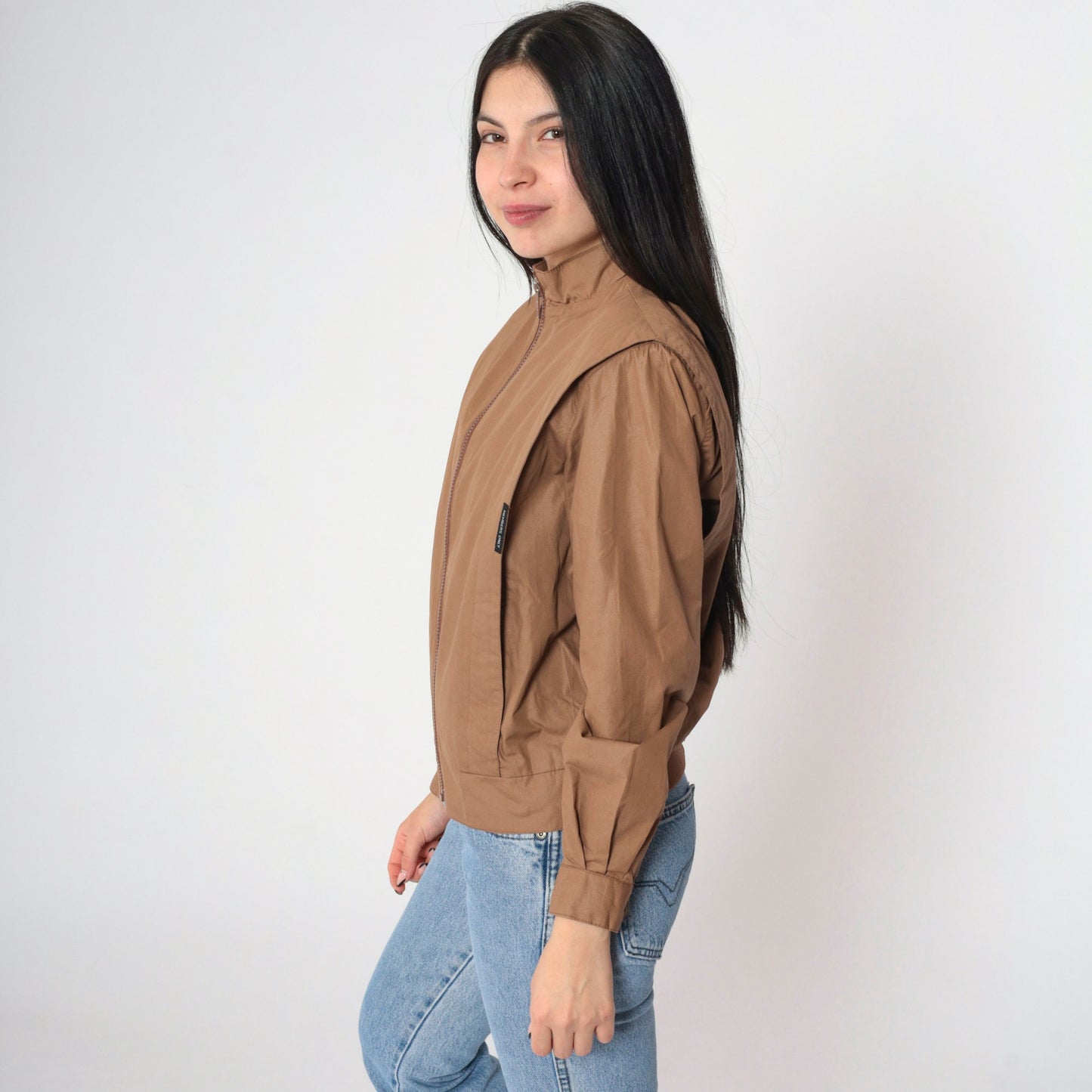 80s Members Only Brown Bomber Jacket Structured Pleats High Collar Small