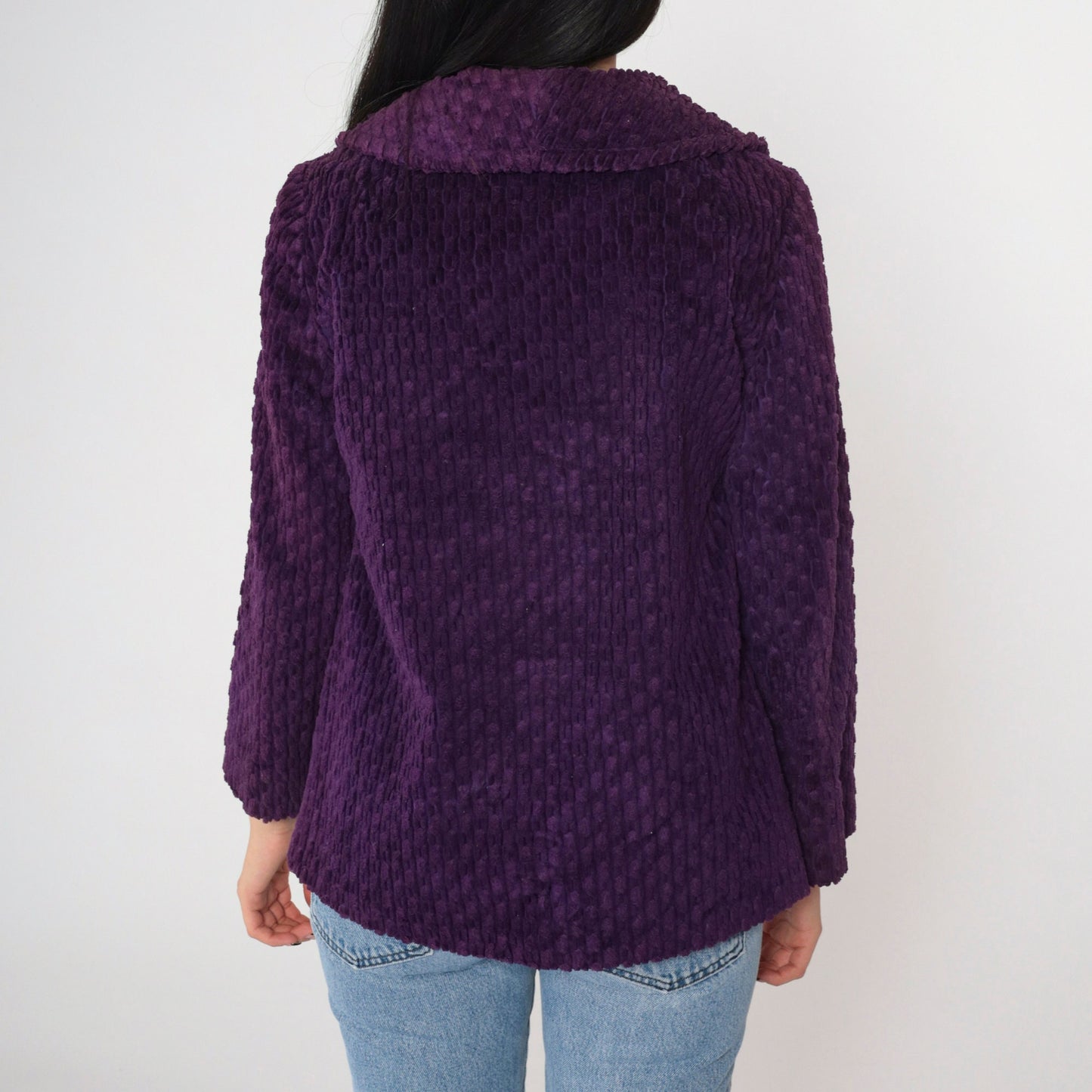 80s Deep Purple Plush Textured Blazer Shawl Collar Open Front Small