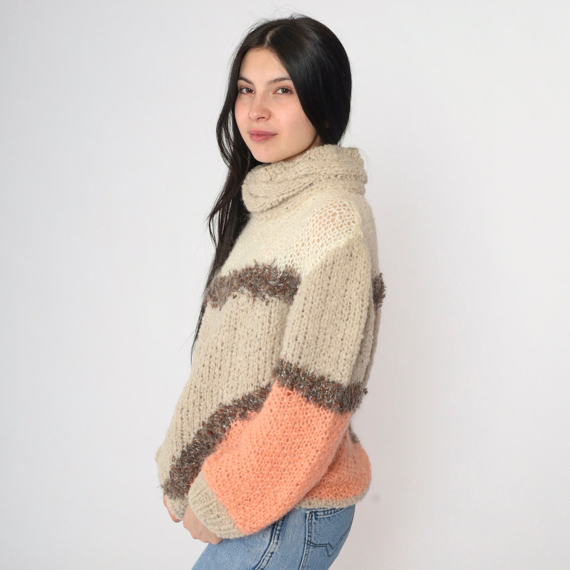 80s Color Block Turtleneck Sweater Beige Openwork Knit Geometric Pullover Small