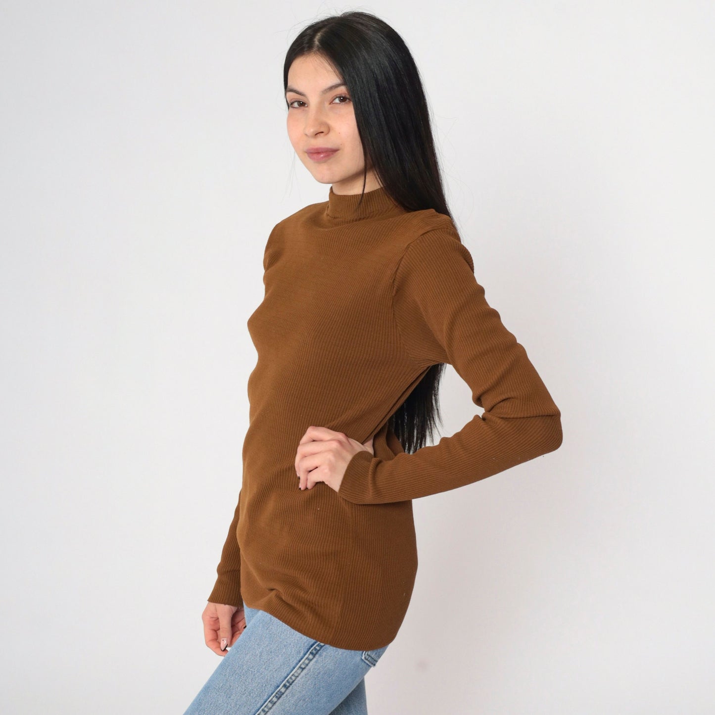 90s Brown Ribbed Knit Mock Neck Long Sleeve Top Small Medium