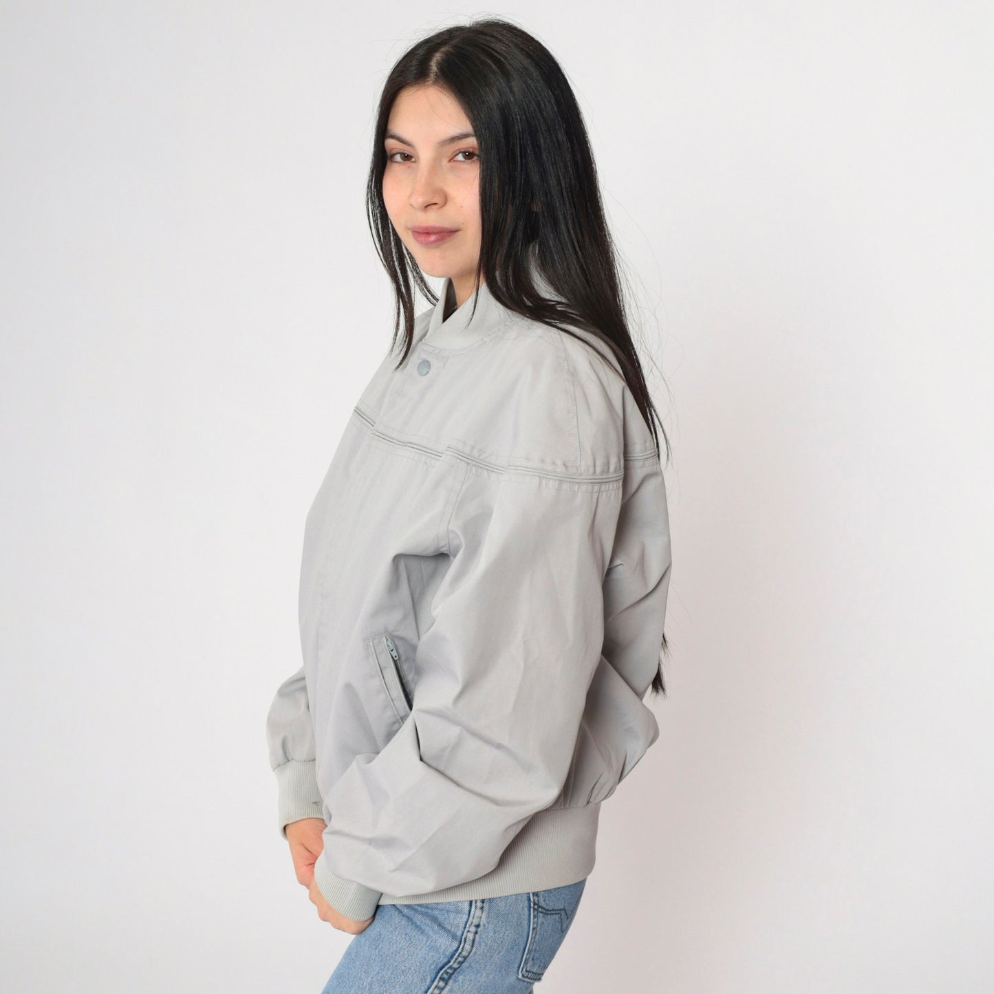 80s Grey Bomber Jacket Cafe Racer Windbreaker Vintage Moto Large