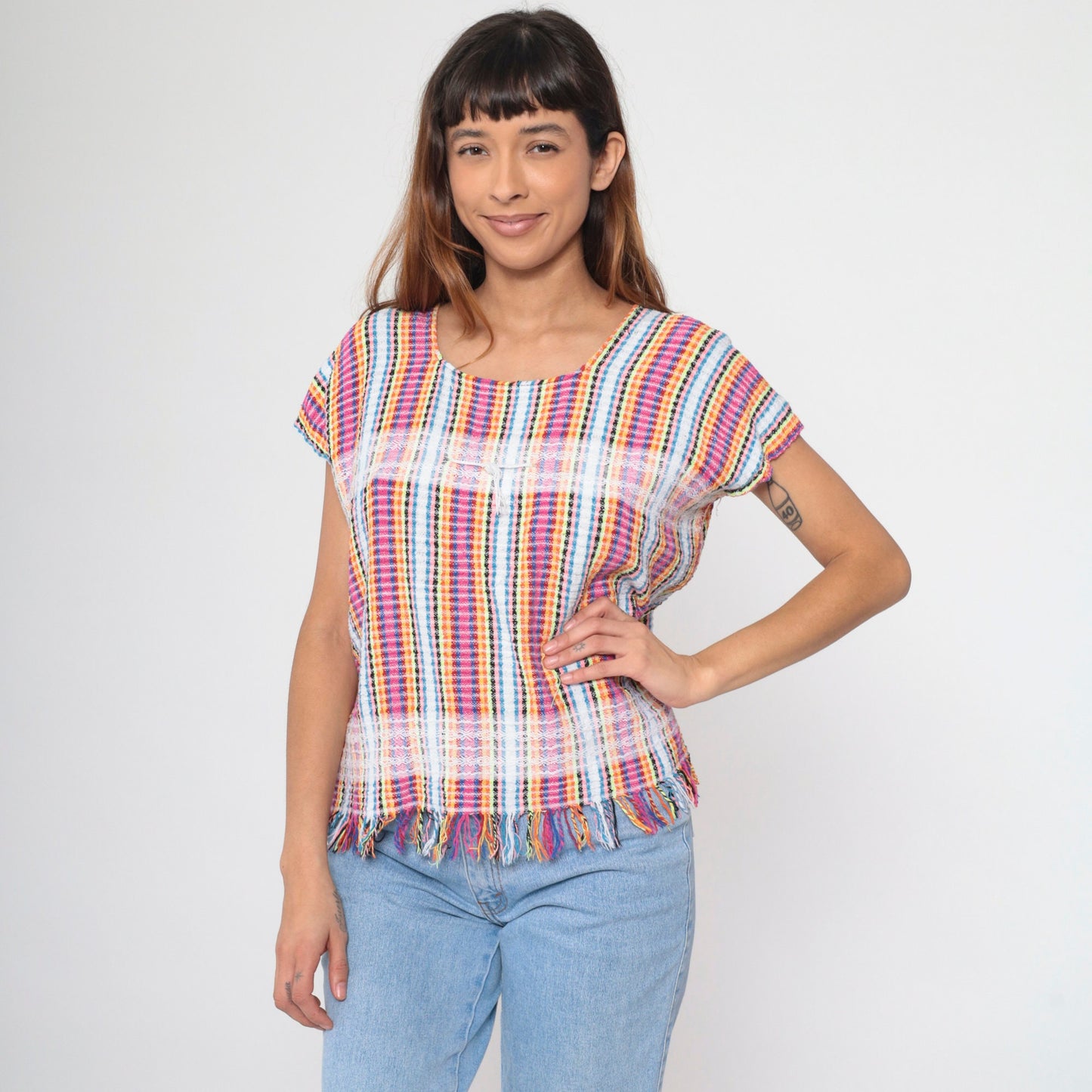00s Mexican Neon Rainbow Striped Blouse Hot Pink Lace Trim Fringe Small