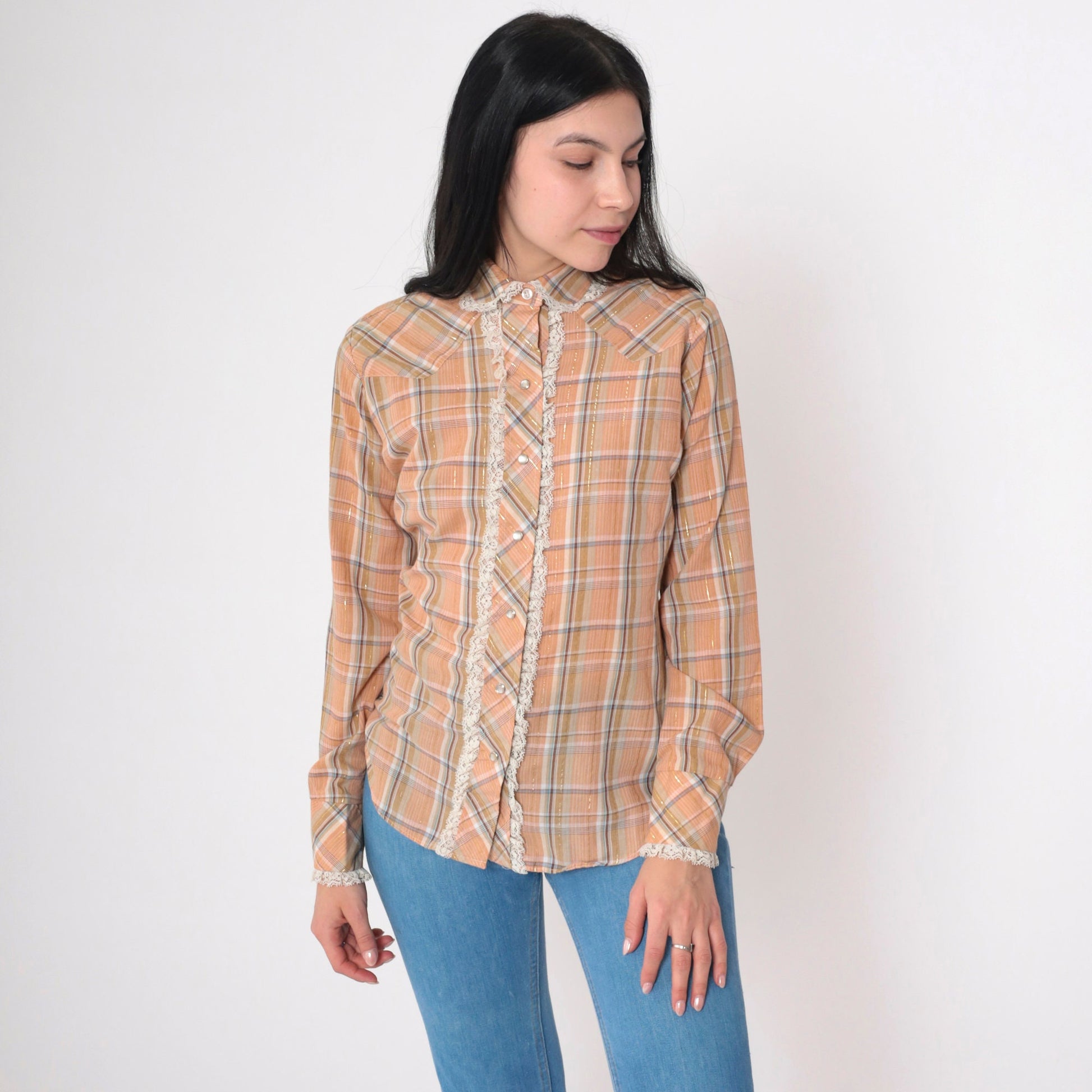 70s Panhandle Slim Western Shirt Metallic Plaid Lace Pearl Snap Orange Small