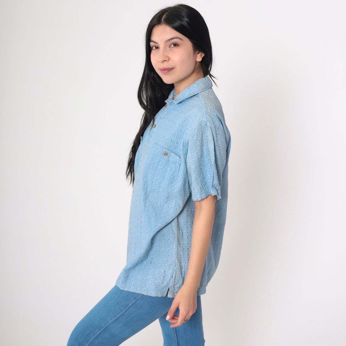 70s Baby Blue Metallic Polo Shirt Short Sleeve Collared Top Large L