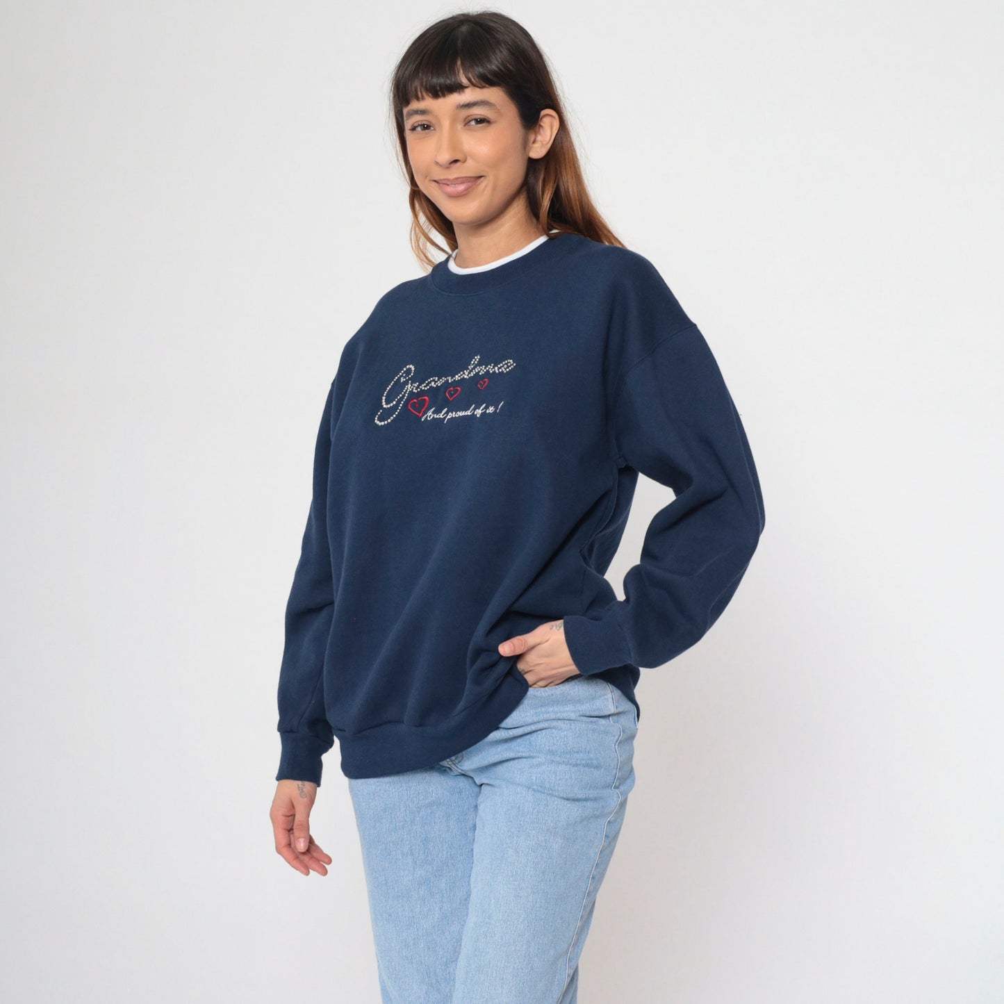 90s Grandma Rhinestone Navy Sweatshirt Embroidered Hearts Double Collar Large Petite