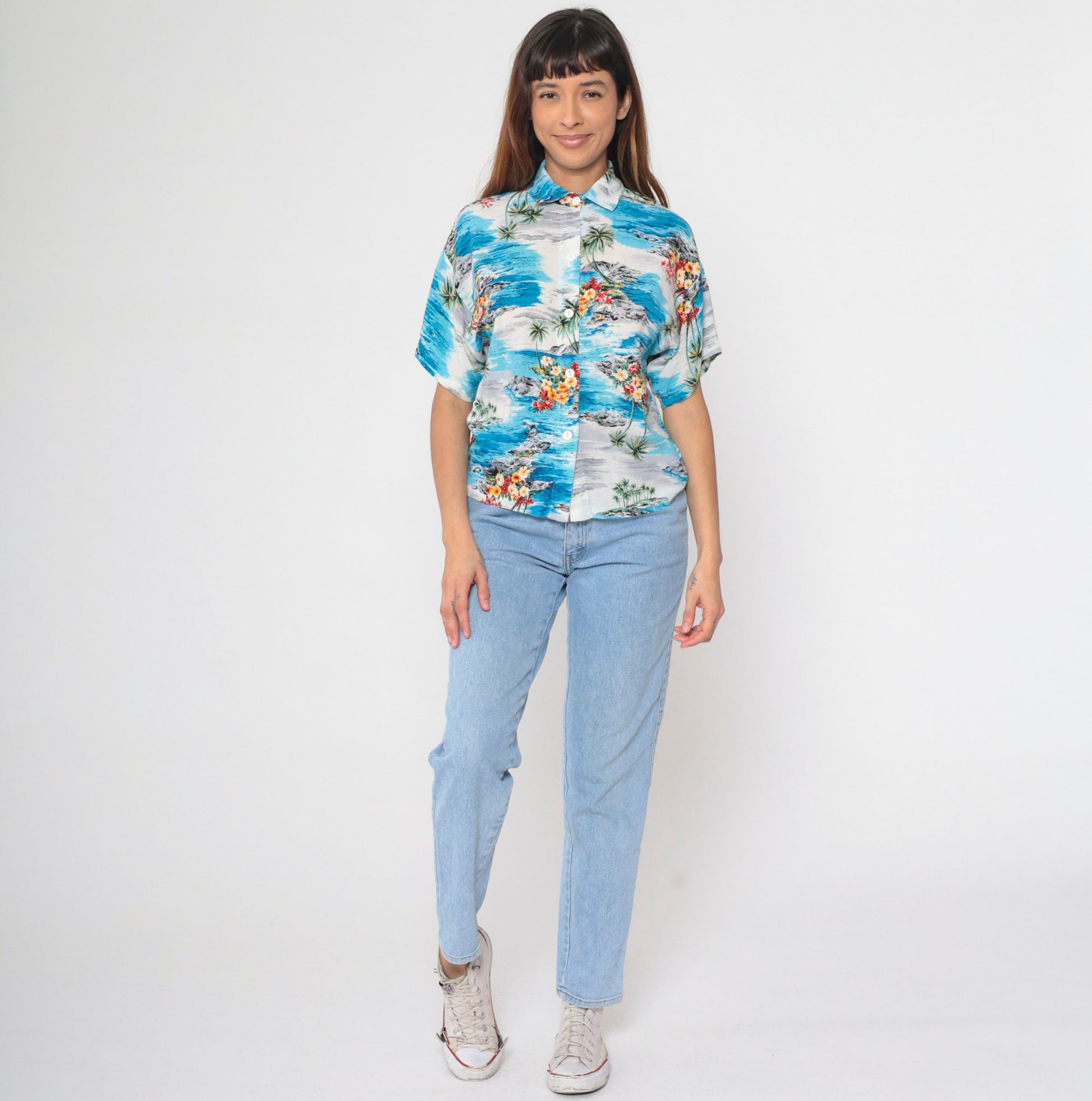 90s Hawaiian Shirt Palm Tree Tropical Print Blue Grey Button Up Medium