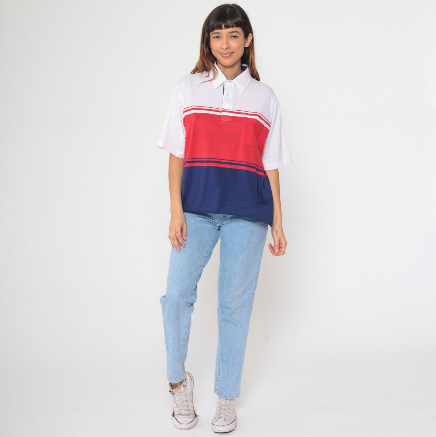 90s Polo Shirt Navy Red White Color Block Short Sleeve Chest Pocket Extra Large XL