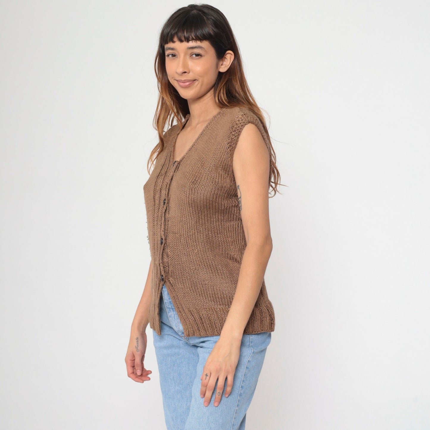 80s Brown Knit Button-Up Vest Medium M