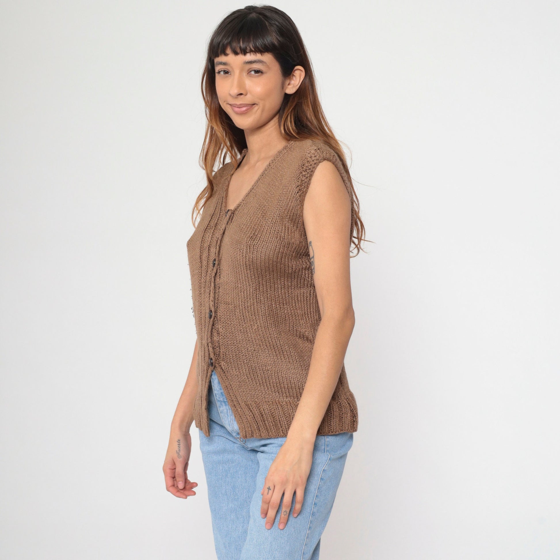80s Brown Knit Button-Up Vest Medium M