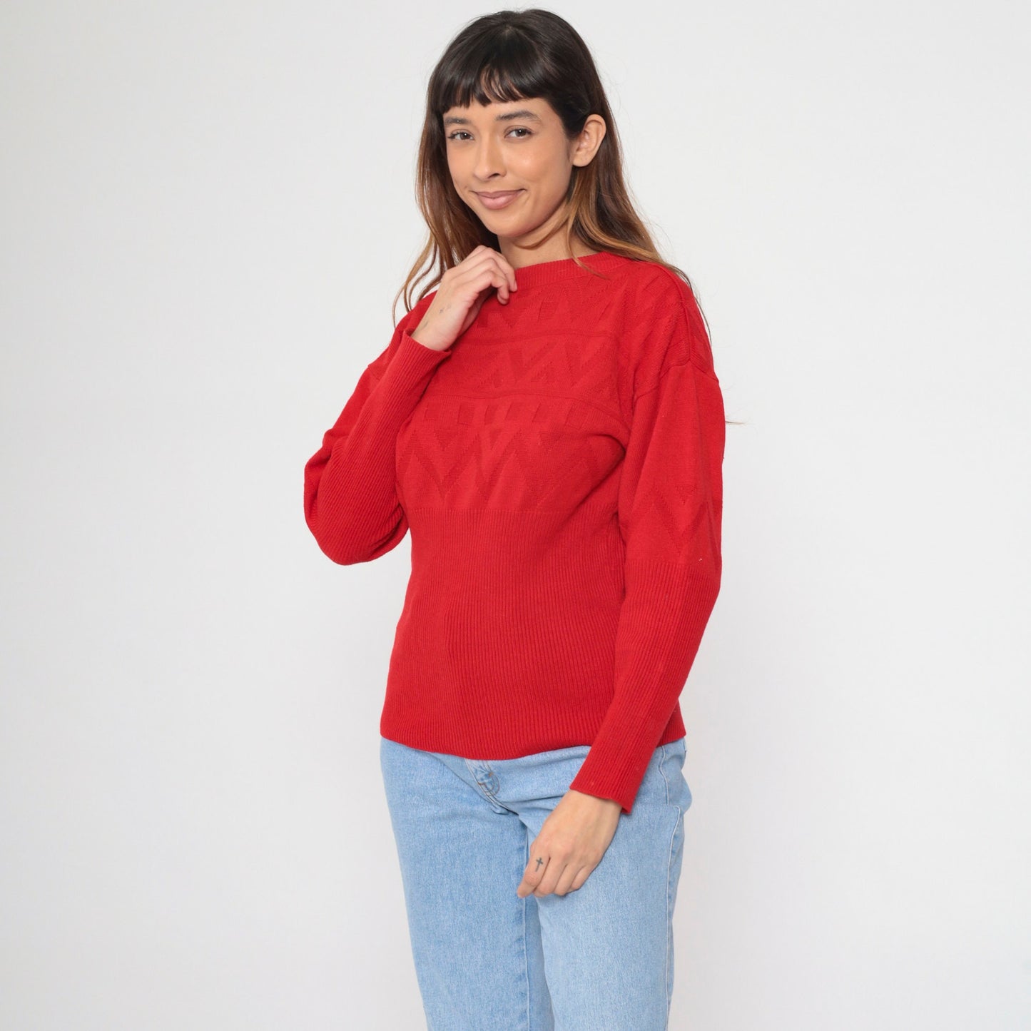 80s Red Textured Knit Sweater Zig Zag Geometric Ribbed Waist Small Medium